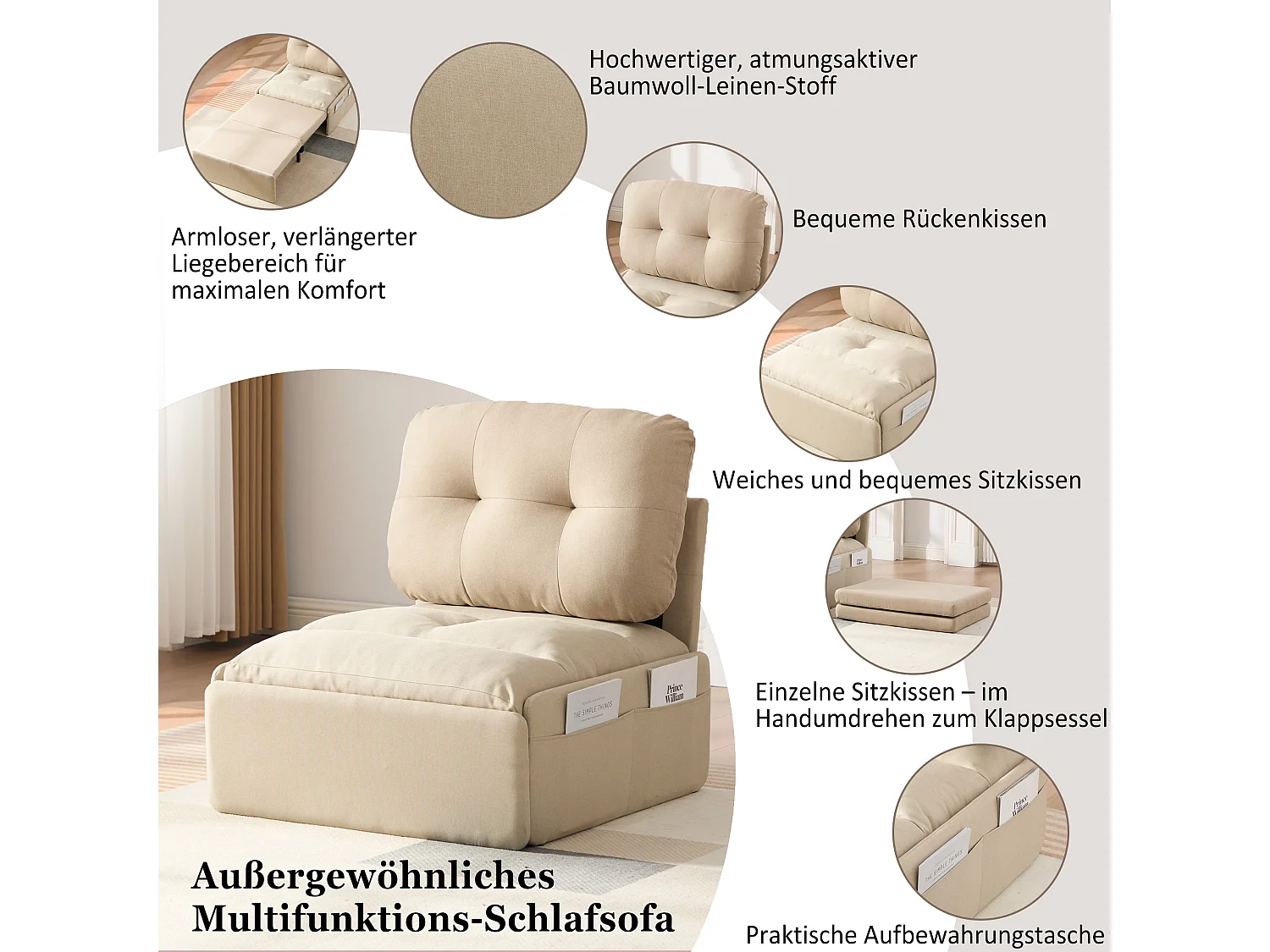 Canapé convertible moderne 2 en 1 - 195 x 81.5 x 90 cm - canapé-lit gigogne avec coussin - lin - beige
