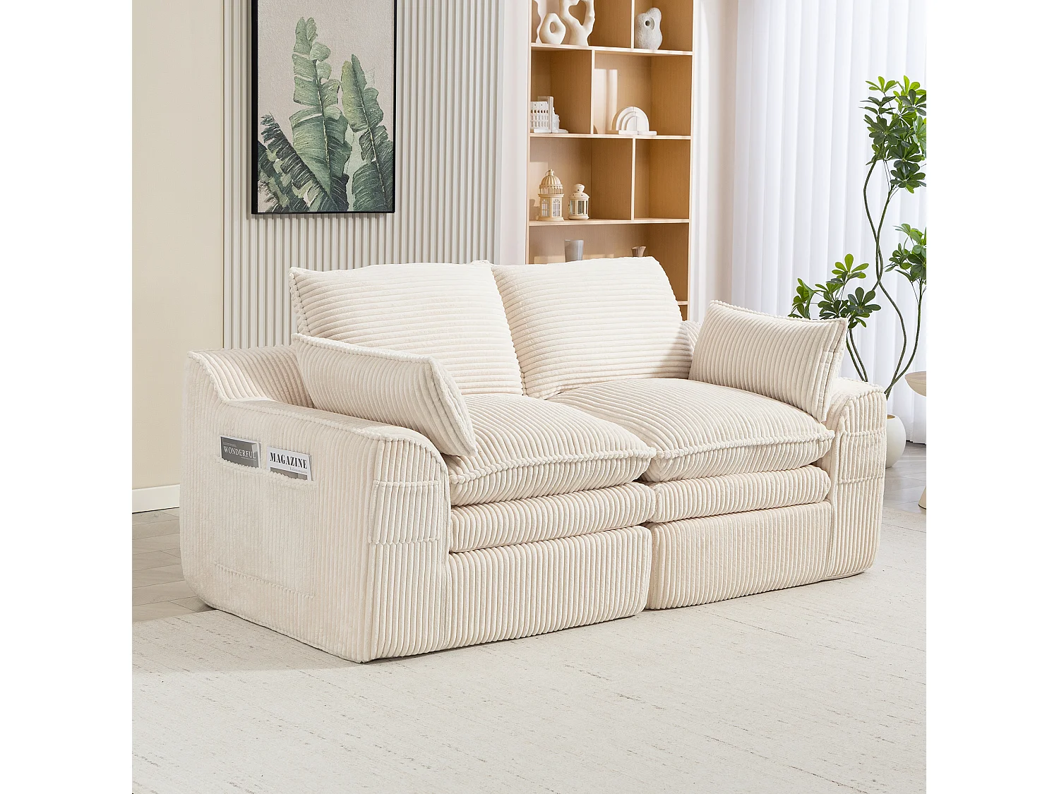 Modulares 2-Sitzer-Sofa aus Cord – 191 x 94 x 85 cm – mit 1 Hocker + Kissen + 2 Taschen – beige