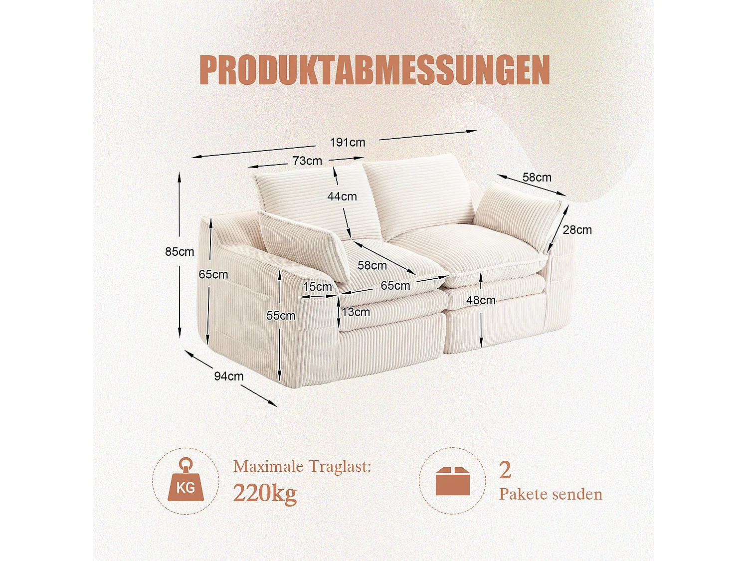 Modulares 2-Sitzer-Sofa aus Cord – 191 x 94 x 85 cm – mit 1 Hocker + Kissen + 2 Taschen – beige