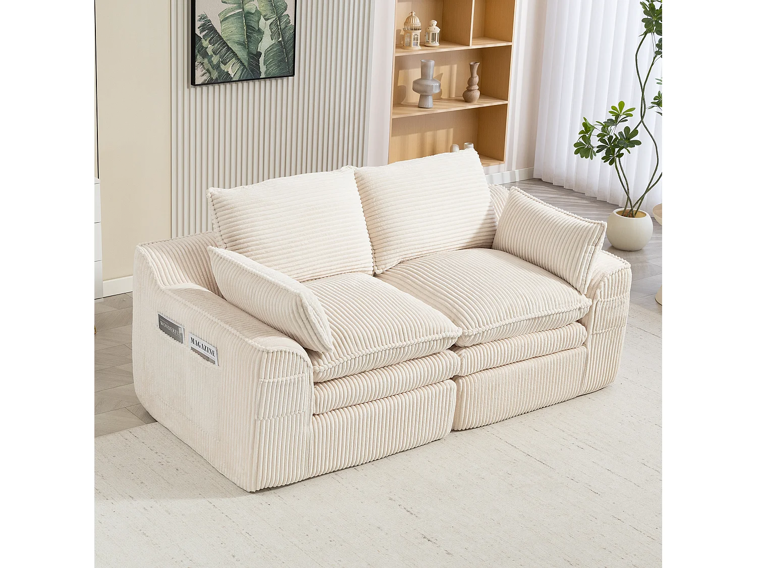 Modulares 2-Sitzer-Sofa aus Cord – 191 x 94 x 85 cm – mit 1 Hocker + Kissen + 2 Taschen – beige