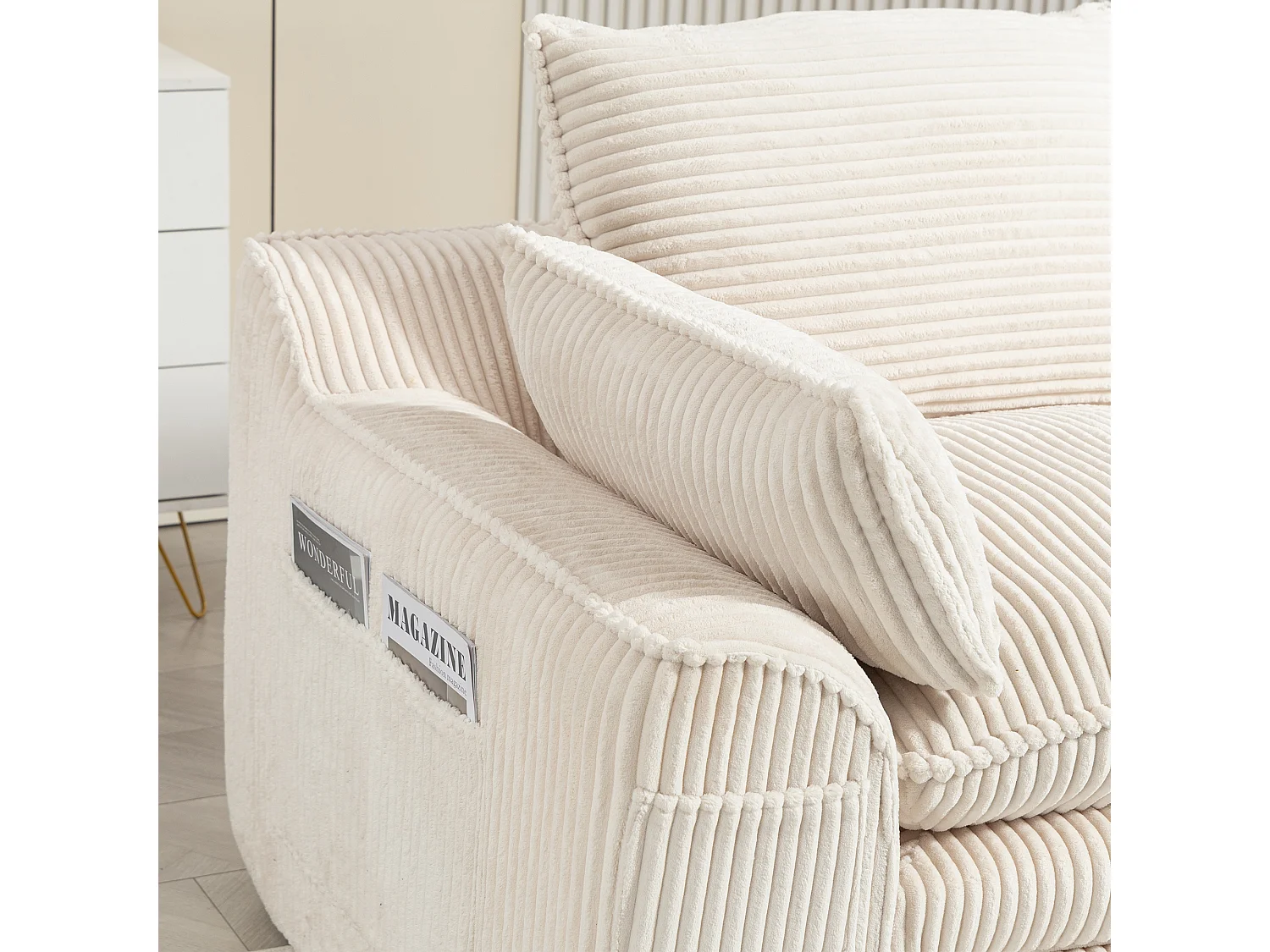 Modulares 2-Sitzer-Sofa aus Cord – 191 x 94 x 85 cm – mit 1 Hocker + Kissen + 2 Taschen – beige