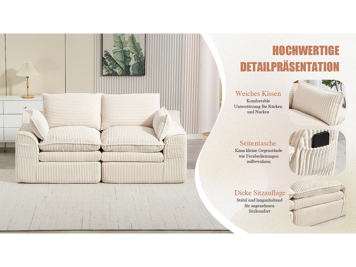 Modulares 2-Sitzer-Sofa aus Cord – 191 x 94 x 85 cm – mit 1 Hocker + Kissen + 2 Taschen – beige