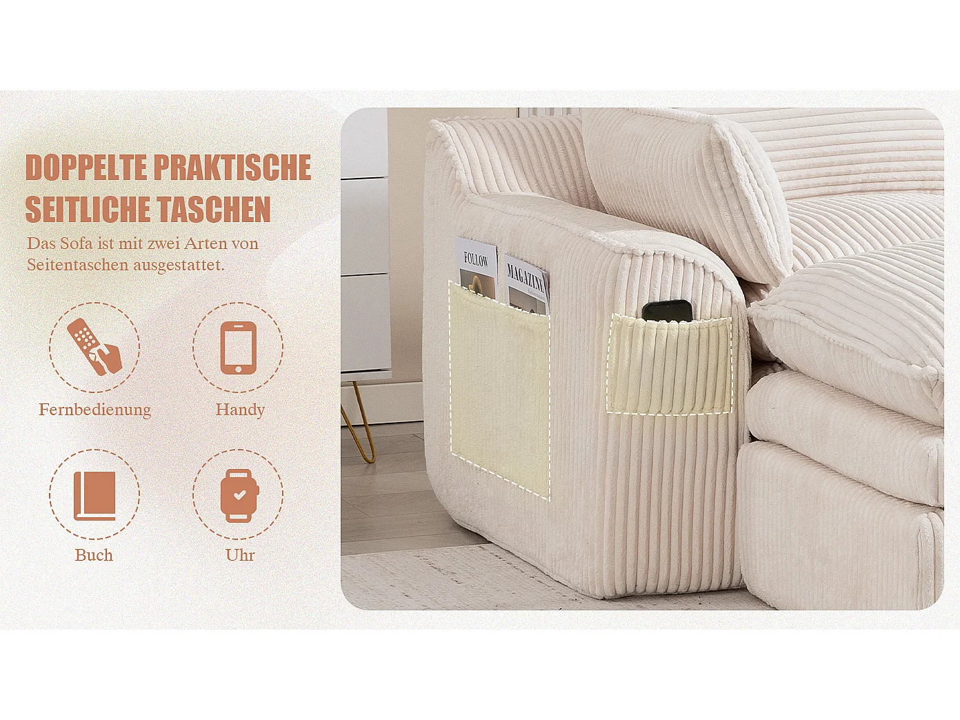 Modulares 2-Sitzer-Sofa aus Cord – 191 x 94 x 85 cm – mit 1 Hocker + Kissen + 2 Taschen – beige