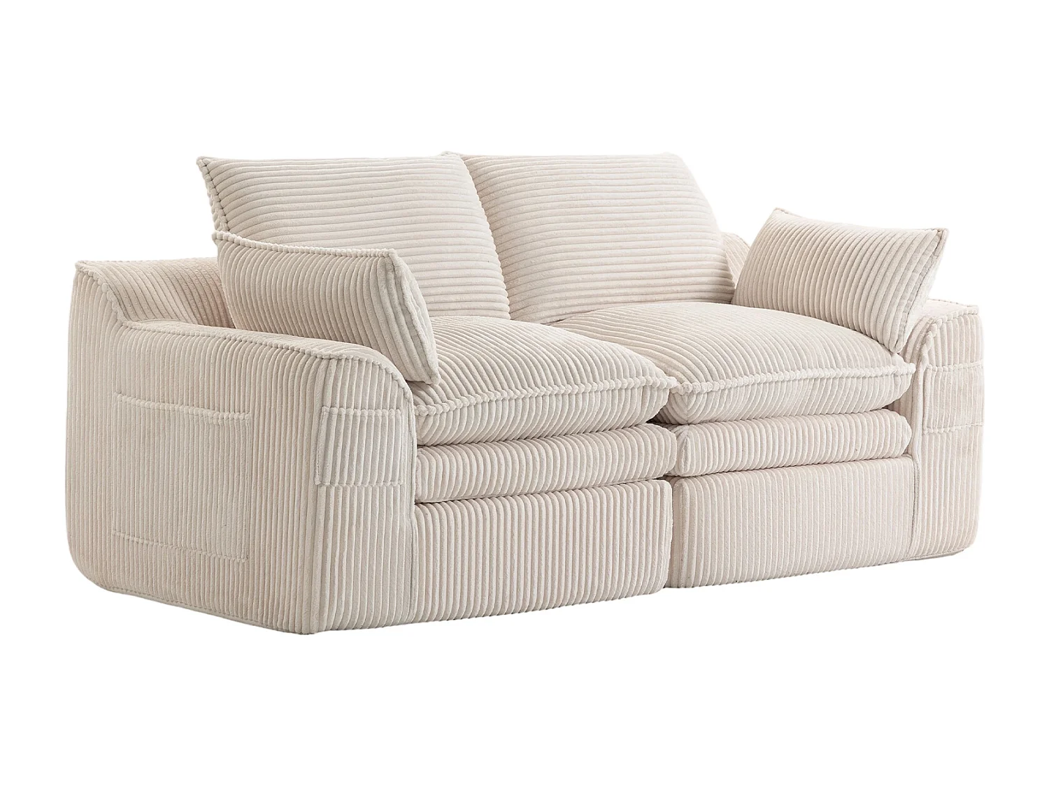 Modulares 2-Sitzer-Sofa aus Cord – 191 x 94 x 85 cm – mit 1 Hocker + Kissen + 2 Taschen – beige