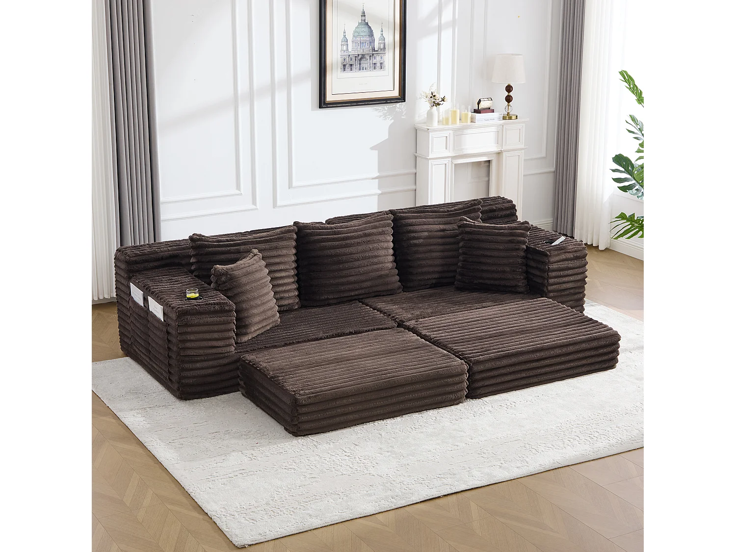 Modulares 2-Sitzer-Sofa aus Cord – 107 x 38 x 34 cm – mit Kissen, Taschen und Getränkehaltern – Kaffeebraun