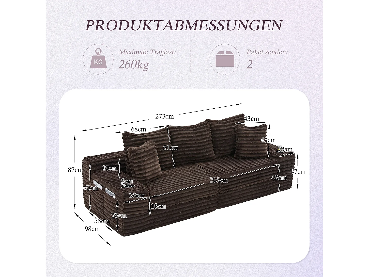Modulares 2-Sitzer-Sofa aus Cord – 107 x 38 x 34 cm – mit Kissen, Taschen und Getränkehaltern – Kaffeebraun
