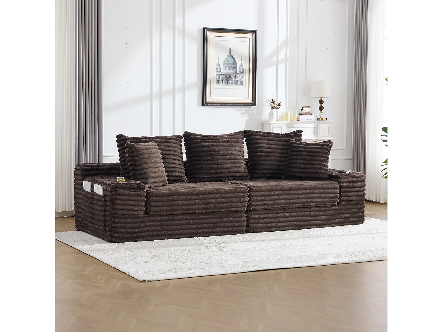 Modulares 2-Sitzer-Sofa aus Cord – 107 x 38 x 34 cm – mit Kissen, Taschen und Getränkehaltern – Kaffeebraun