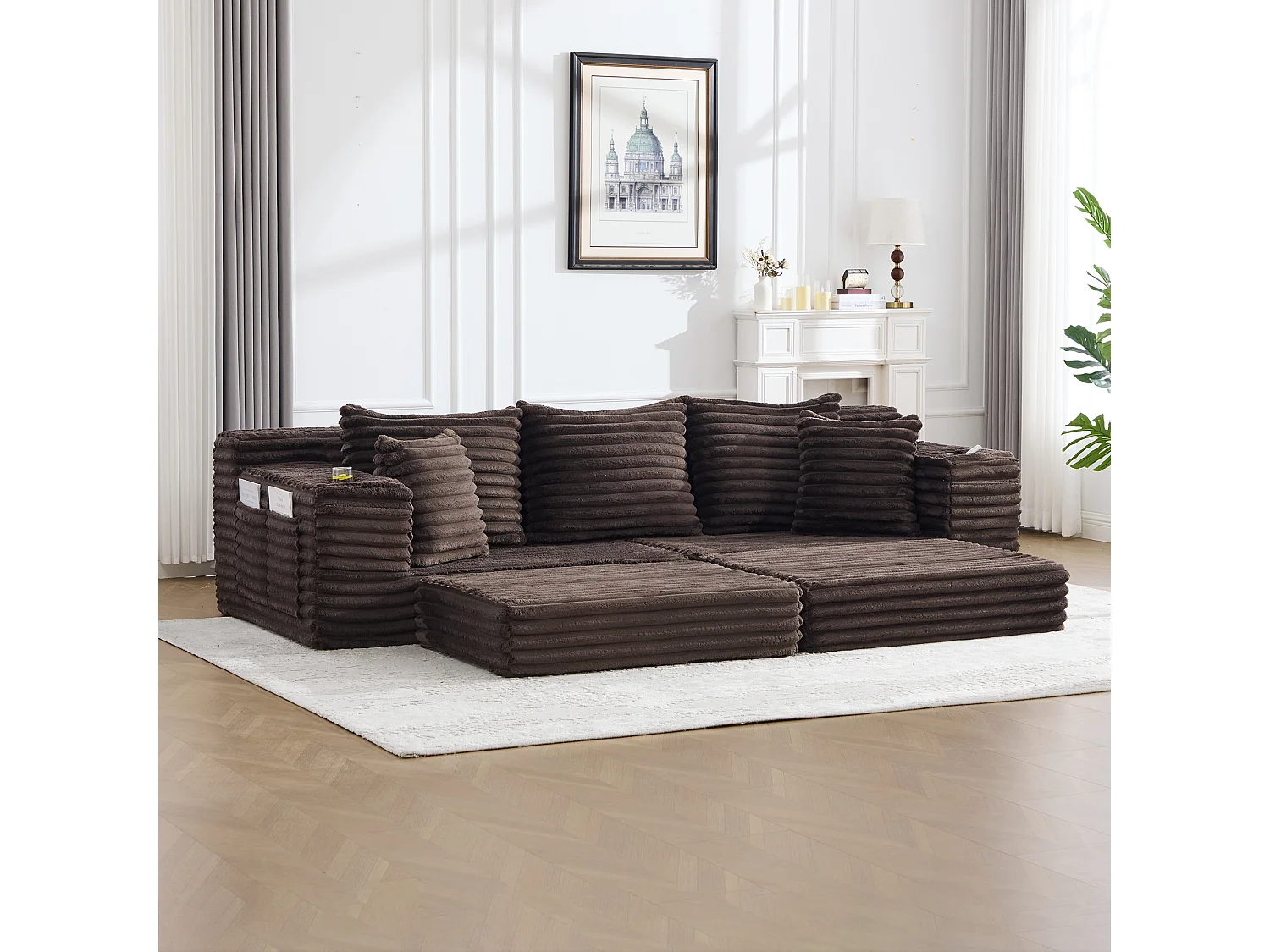 Modulares 2-Sitzer-Sofa aus Cord – 107 x 38 x 34 cm – mit Kissen, Taschen und Getränkehaltern – Kaffeebraun