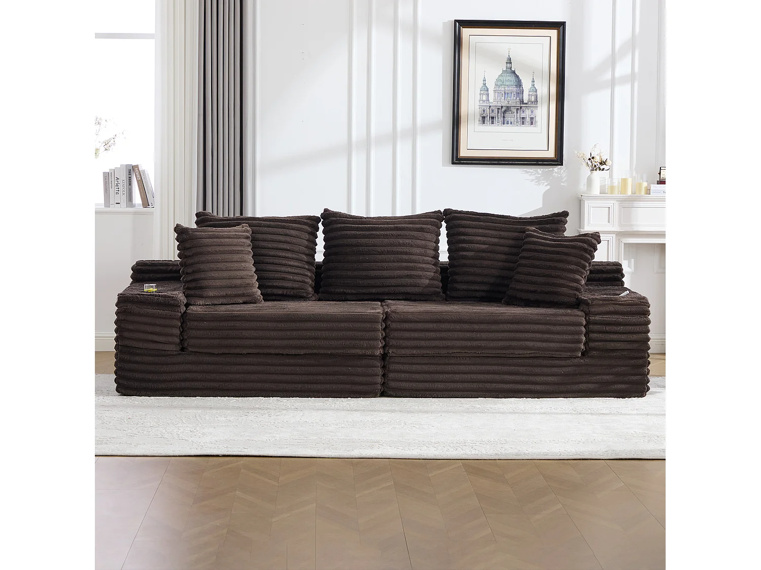 Modulares 2-Sitzer-Sofa aus Cord – 107 x 38 x 34 cm – mit Kissen, Taschen und Getränkehaltern – Kaffeebraun