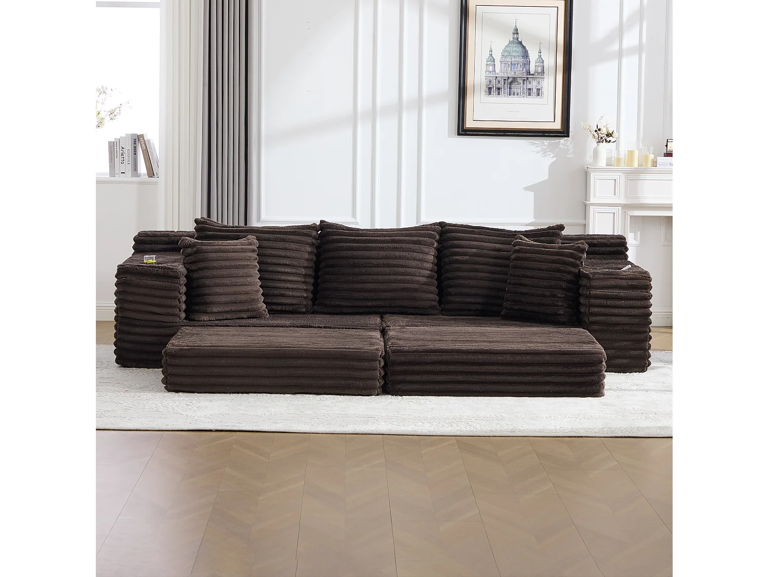 Modulares 2-Sitzer-Sofa aus Cord – 107 x 38 x 34 cm – mit Kissen, Taschen und Getränkehaltern – Kaffeebraun