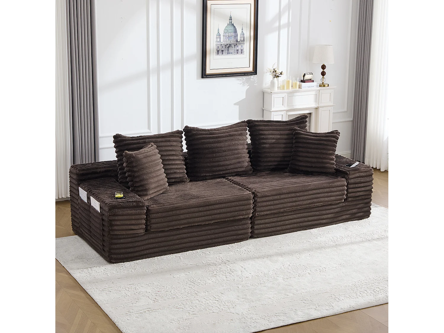 Modulares 2-Sitzer-Sofa aus Cord – 107 x 38 x 34 cm – mit Kissen, Taschen und Getränkehaltern – Kaffeebraun