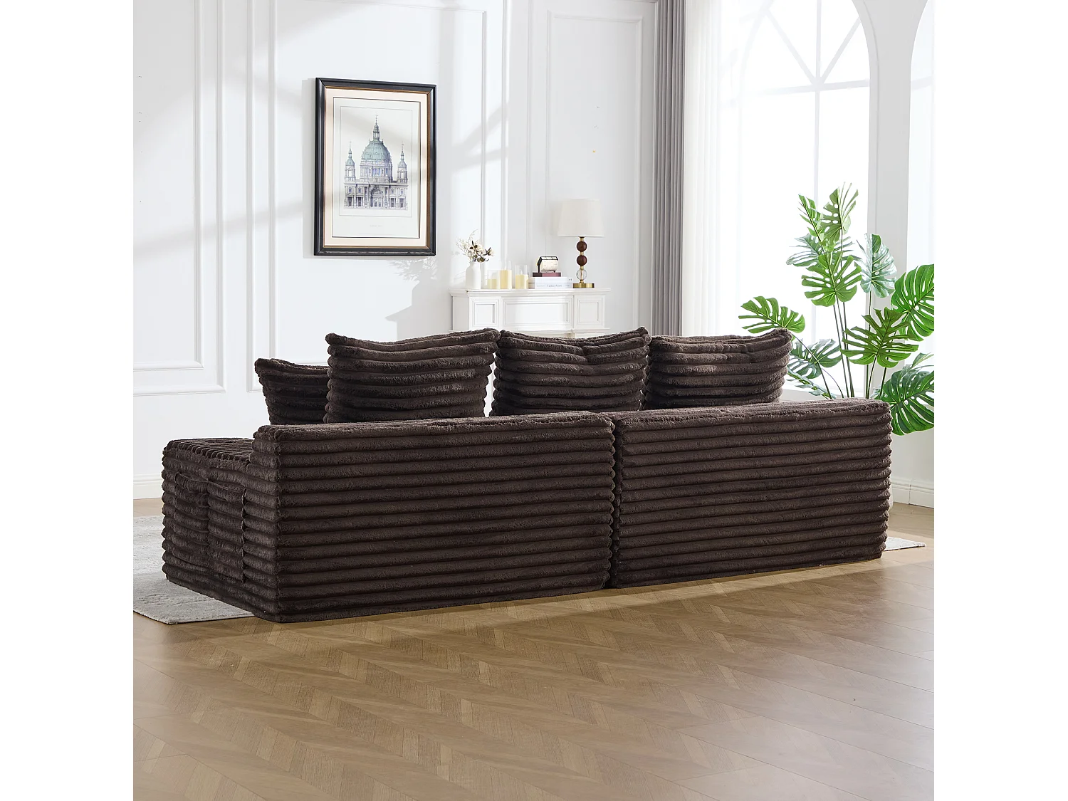 Modulares 2-Sitzer-Sofa aus Cord – 107 x 38 x 34 cm – mit Kissen, Taschen und Getränkehaltern – Kaffeebraun