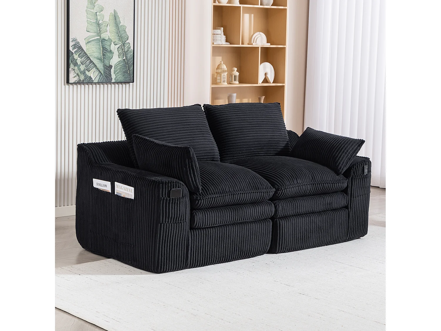 Modulares 2-Sitzer-Sofa aus Cord – 191 x 94 x 85 cm – mit 1 Hocker + Kissen + 2 Taschen – schwarz