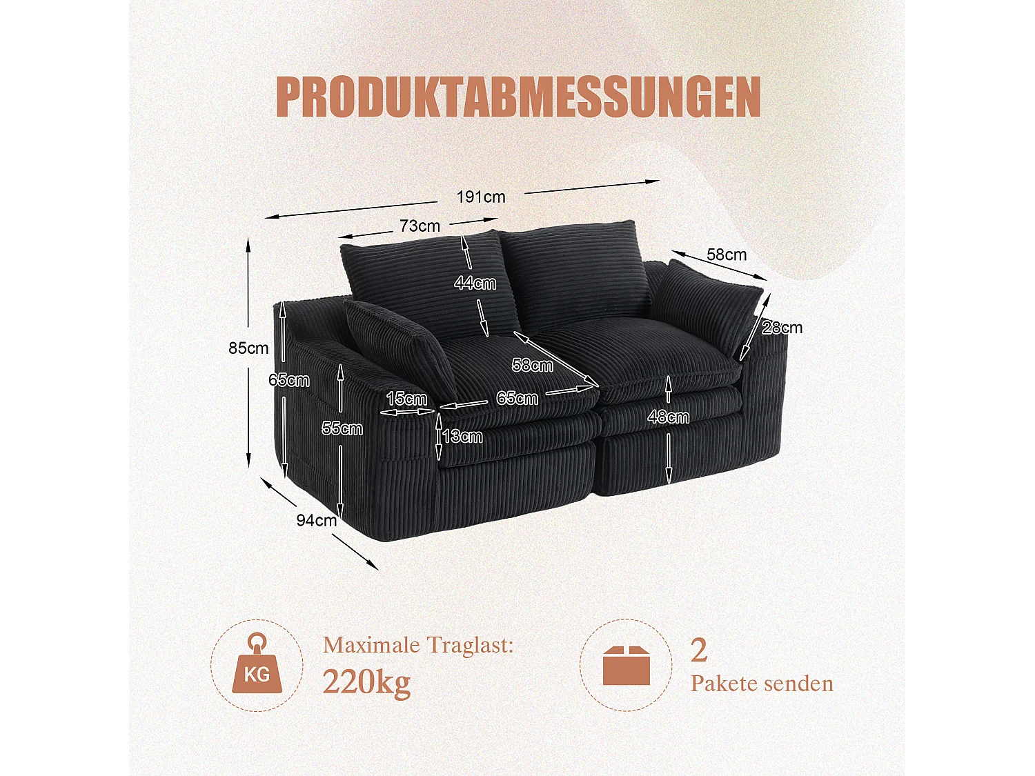Modulares 2-Sitzer-Sofa aus Cord – 191 x 94 x 85 cm – mit 1 Hocker + Kissen + 2 Taschen – schwarz