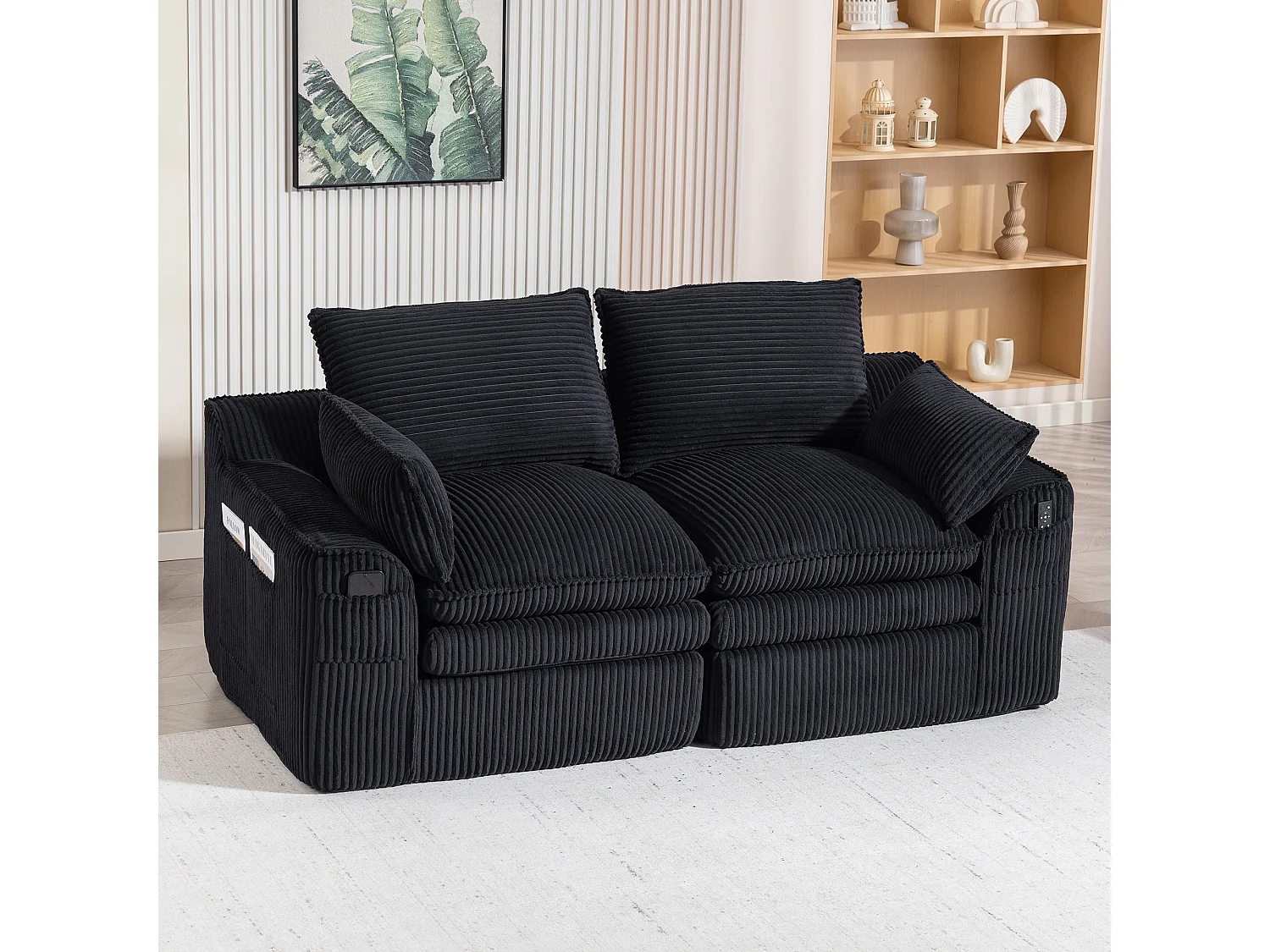 Modulares 2-Sitzer-Sofa aus Cord – 191 x 94 x 85 cm – mit 1 Hocker + Kissen + 2 Taschen – schwarz