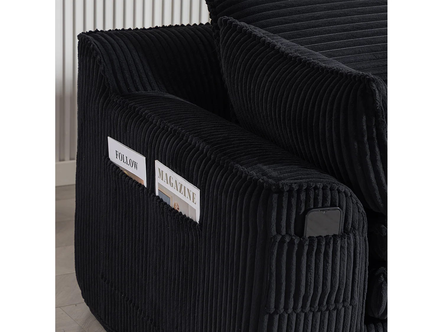 Modulares 2-Sitzer-Sofa aus Cord – 191 x 94 x 85 cm – mit 1 Hocker + Kissen + 2 Taschen – schwarz