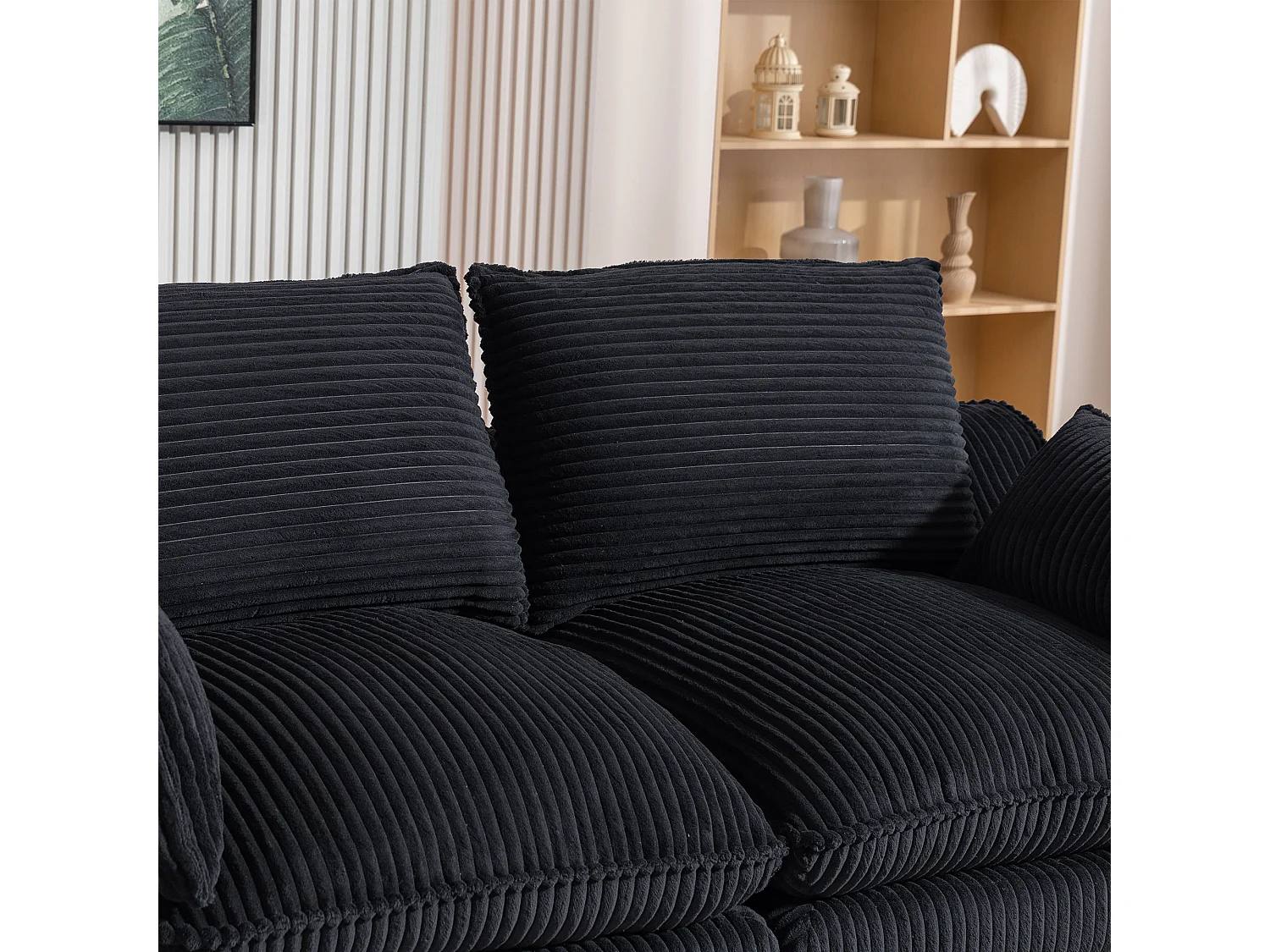 Modulares 2-Sitzer-Sofa aus Cord – 191 x 94 x 85 cm – mit 1 Hocker + Kissen + 2 Taschen – schwarz