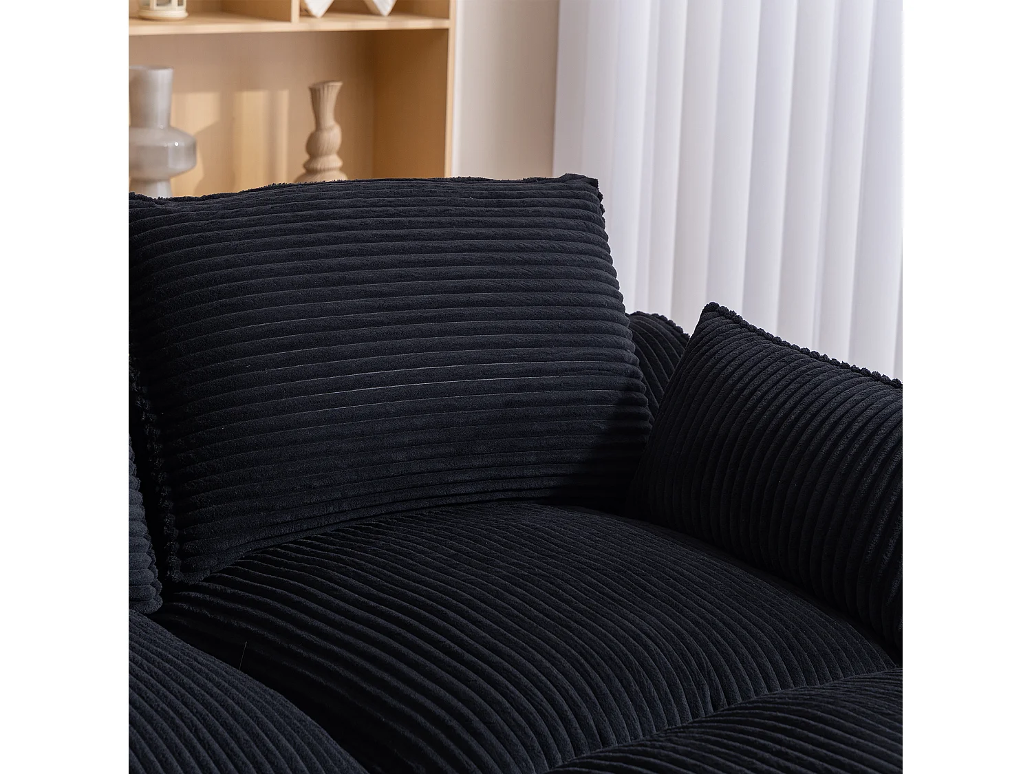 Modulares 2-Sitzer-Sofa aus Cord – 191 x 94 x 85 cm – mit 1 Hocker + Kissen + 2 Taschen – schwarz