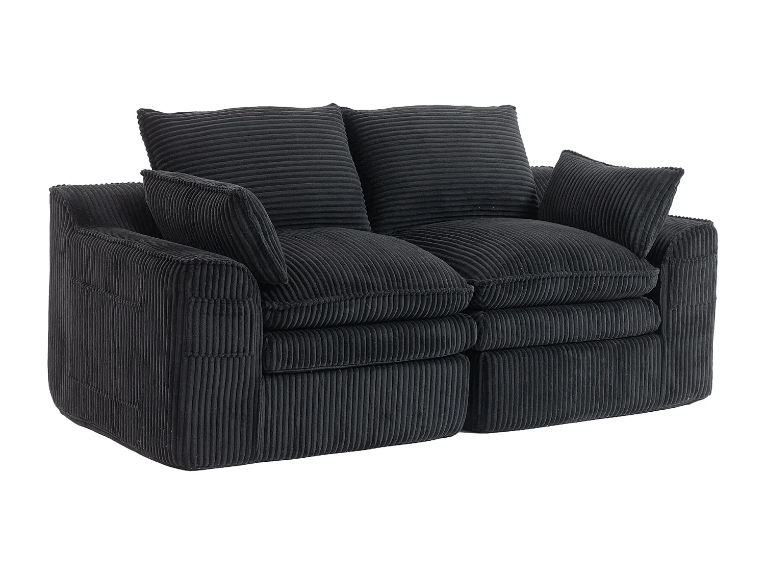 Modulares 2-Sitzer-Sofa aus Cord – 191 x 94 x 85 cm – mit 1 Hocker + Kissen + 2 Taschen – schwarz