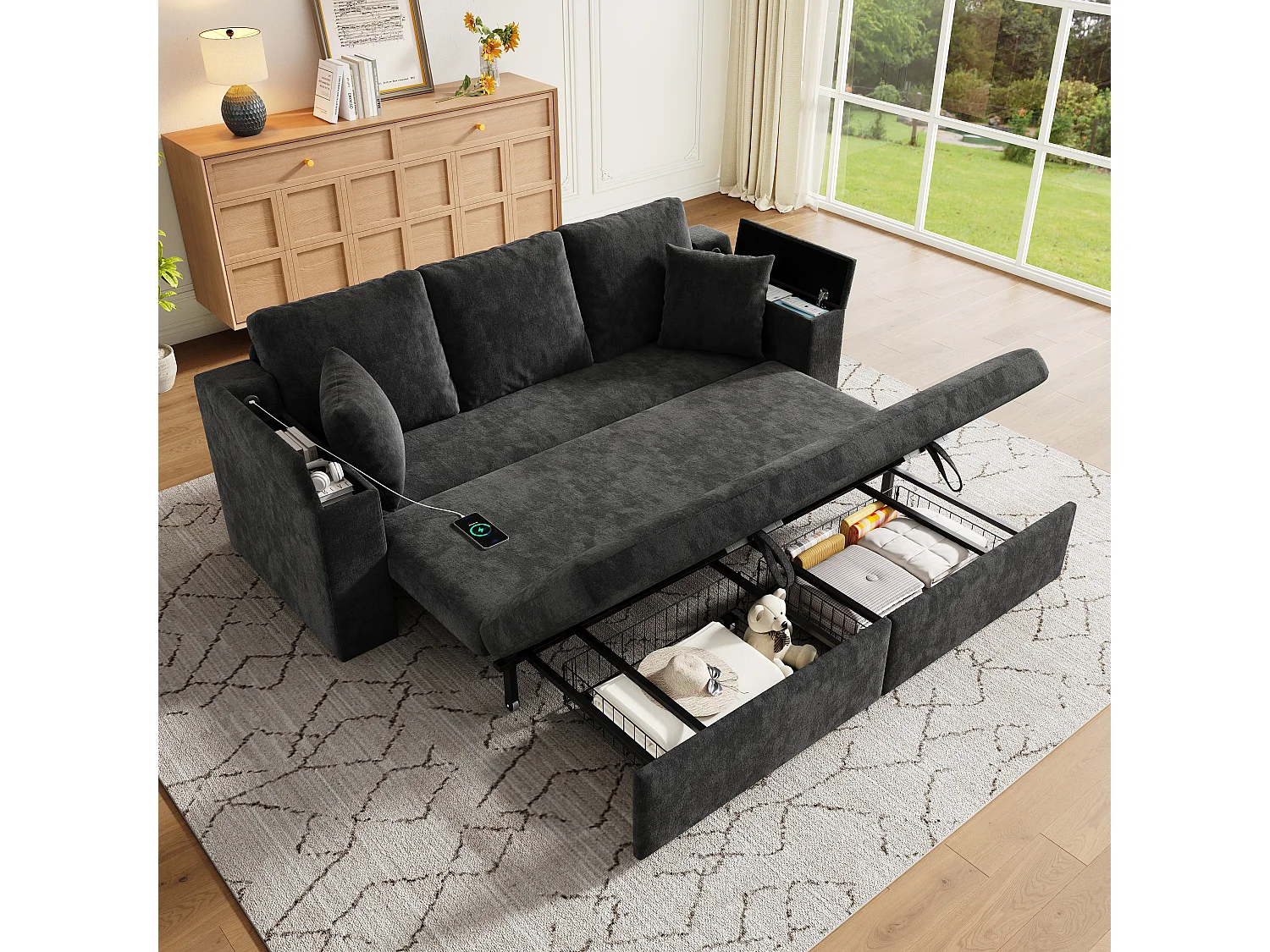 3-zits slaapbank - 210,5 x 192 x 93 cm - met opbergruimte + USB-poort - uitschuifbaar metalen frame - fluweel - grijs