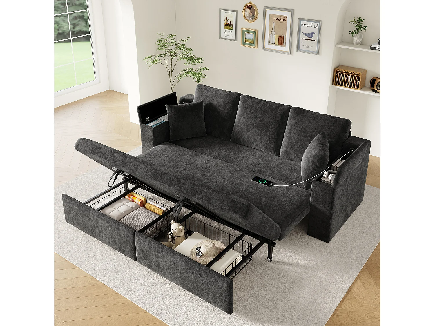 3-zits slaapbank - 210,5 x 192 x 93 cm - met opbergruimte + USB-poort - uitschuifbaar metalen frame - fluweel - grijs