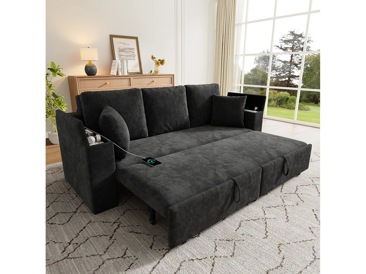 3-zits slaapbank - 210,5 x 192 x 93 cm - met opbergruimte + USB-poort - uitschuifbaar metalen frame - fluweel - grijs