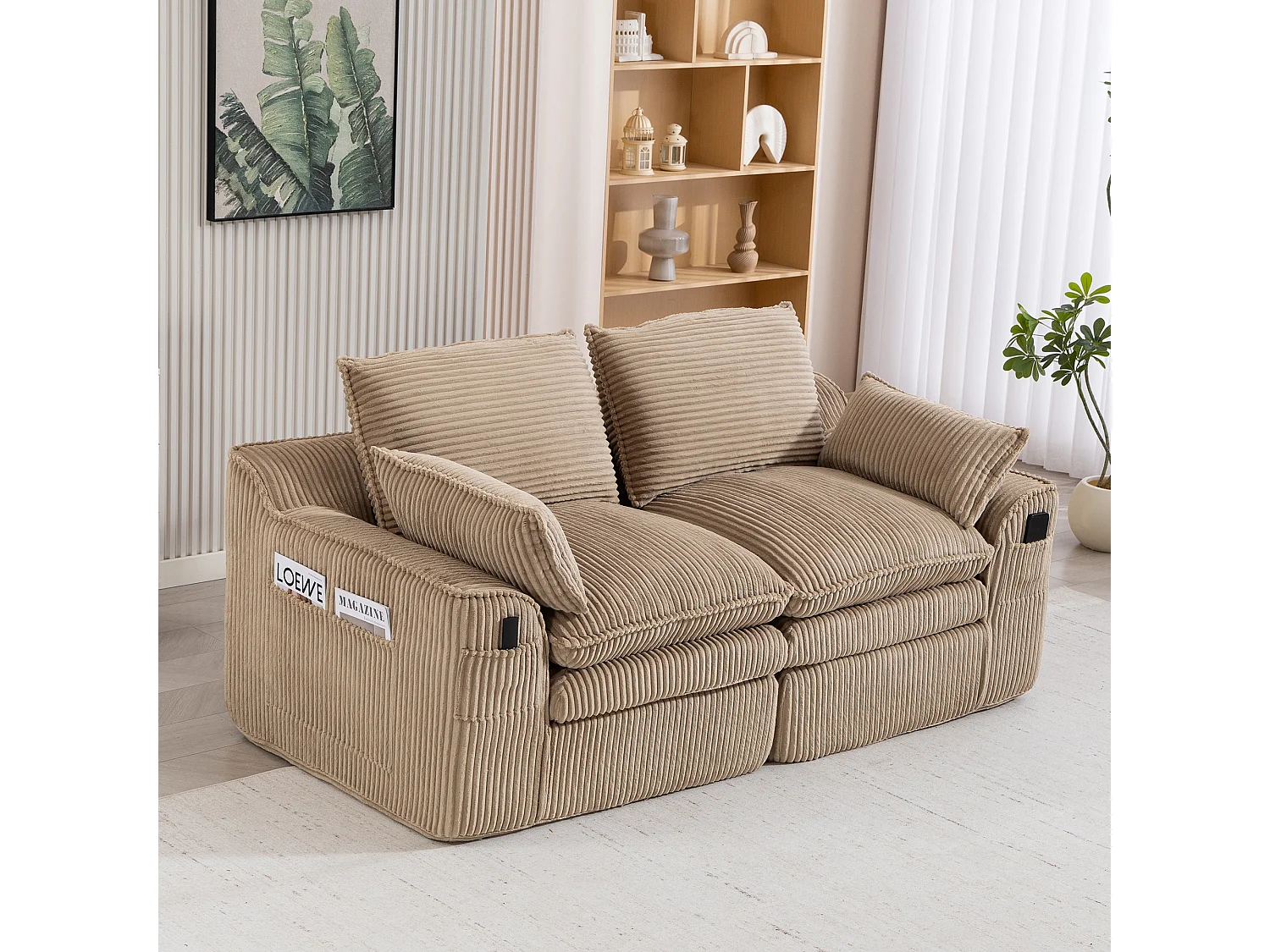 Sofá modular de 2 lugares em veludo cotelê - 191 x 94 x 85 cm - com 1 pufe + almofadas + 2 bolsos - cáqui