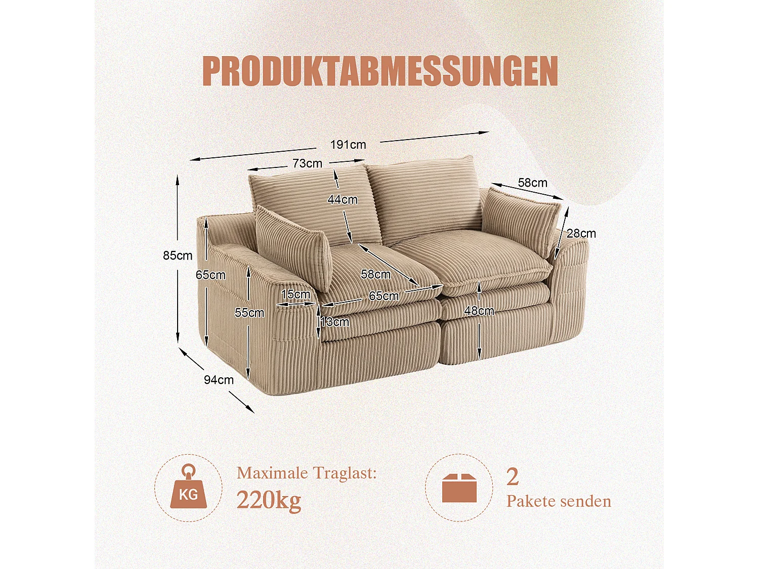 Sofá modular de 2 lugares em veludo cotelê - 191 x 94 x 85 cm - com 1 pufe + almofadas + 2 bolsos - cáqui