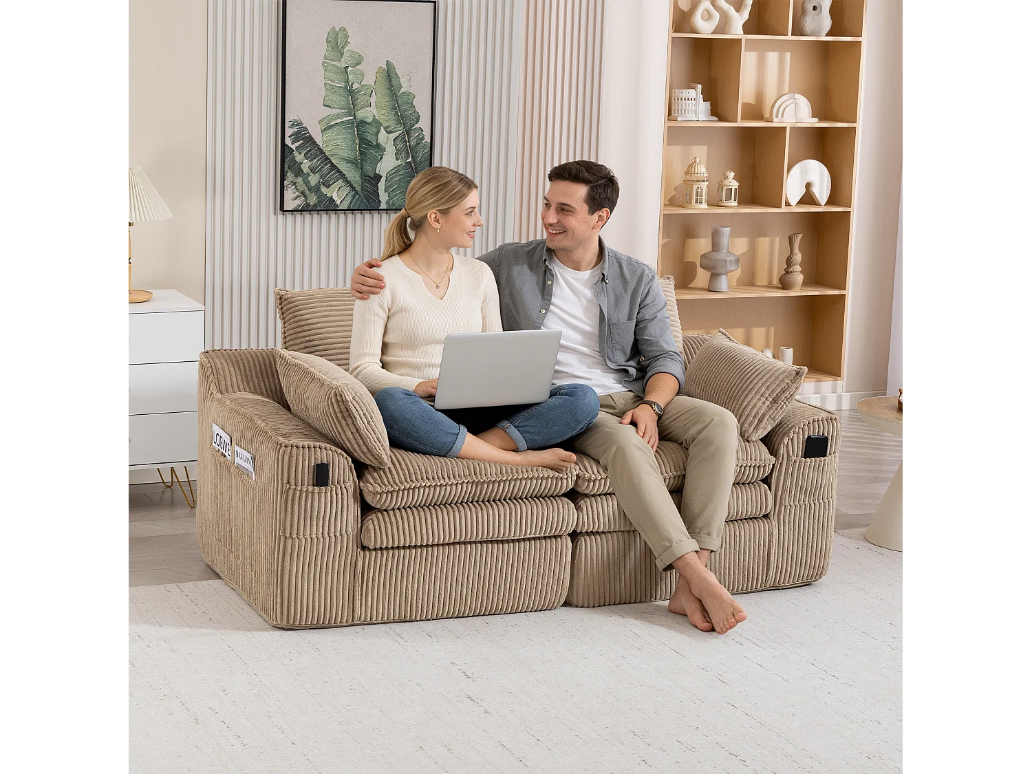 Sofá modular de 2 lugares em veludo cotelê - 191 x 94 x 85 cm - com 1 pufe + almofadas + 2 bolsos - cáqui