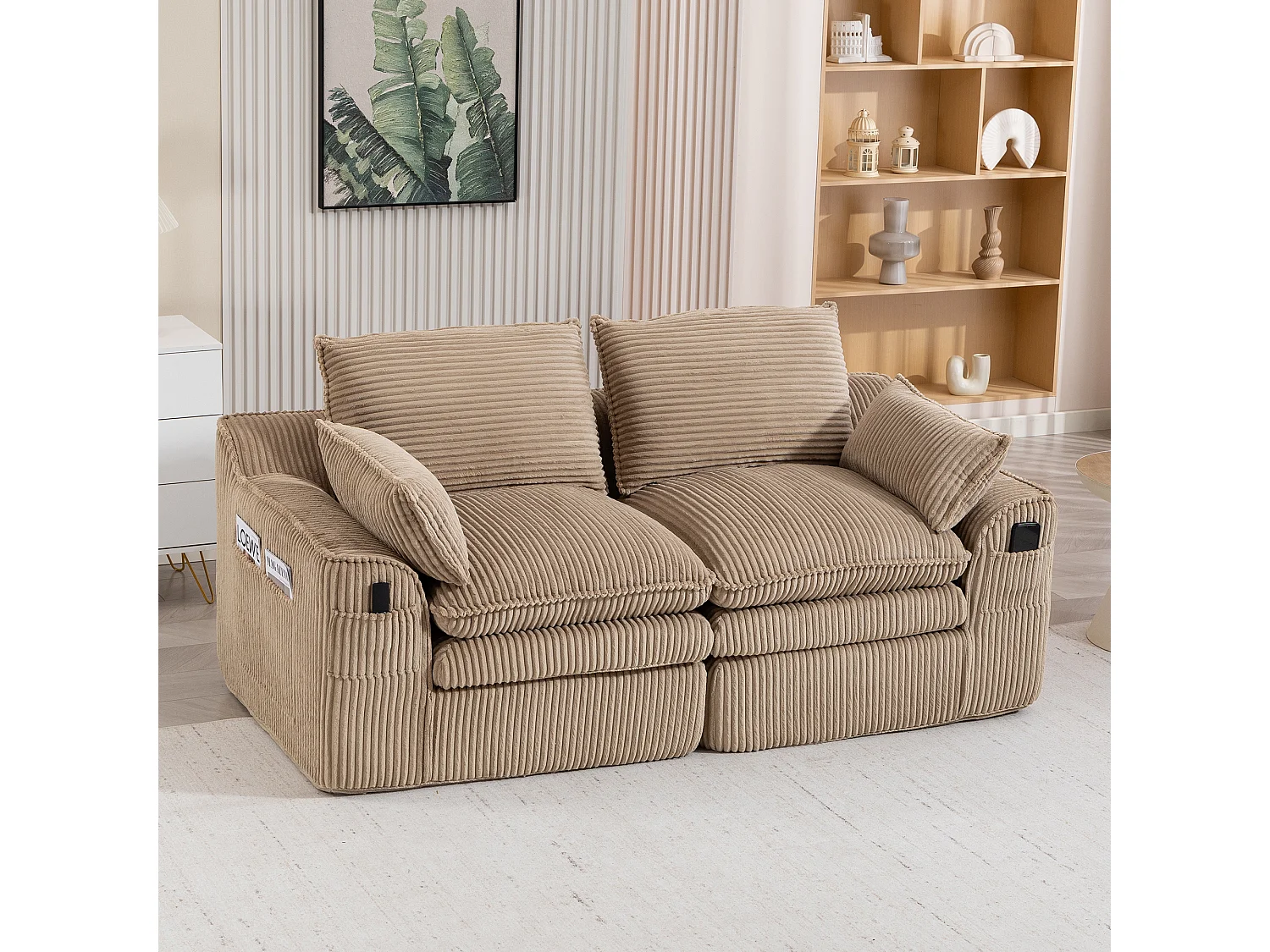 Sofá modular de 2 lugares em veludo cotelê - 191 x 94 x 85 cm - com 1 pufe + almofadas + 2 bolsos - cáqui