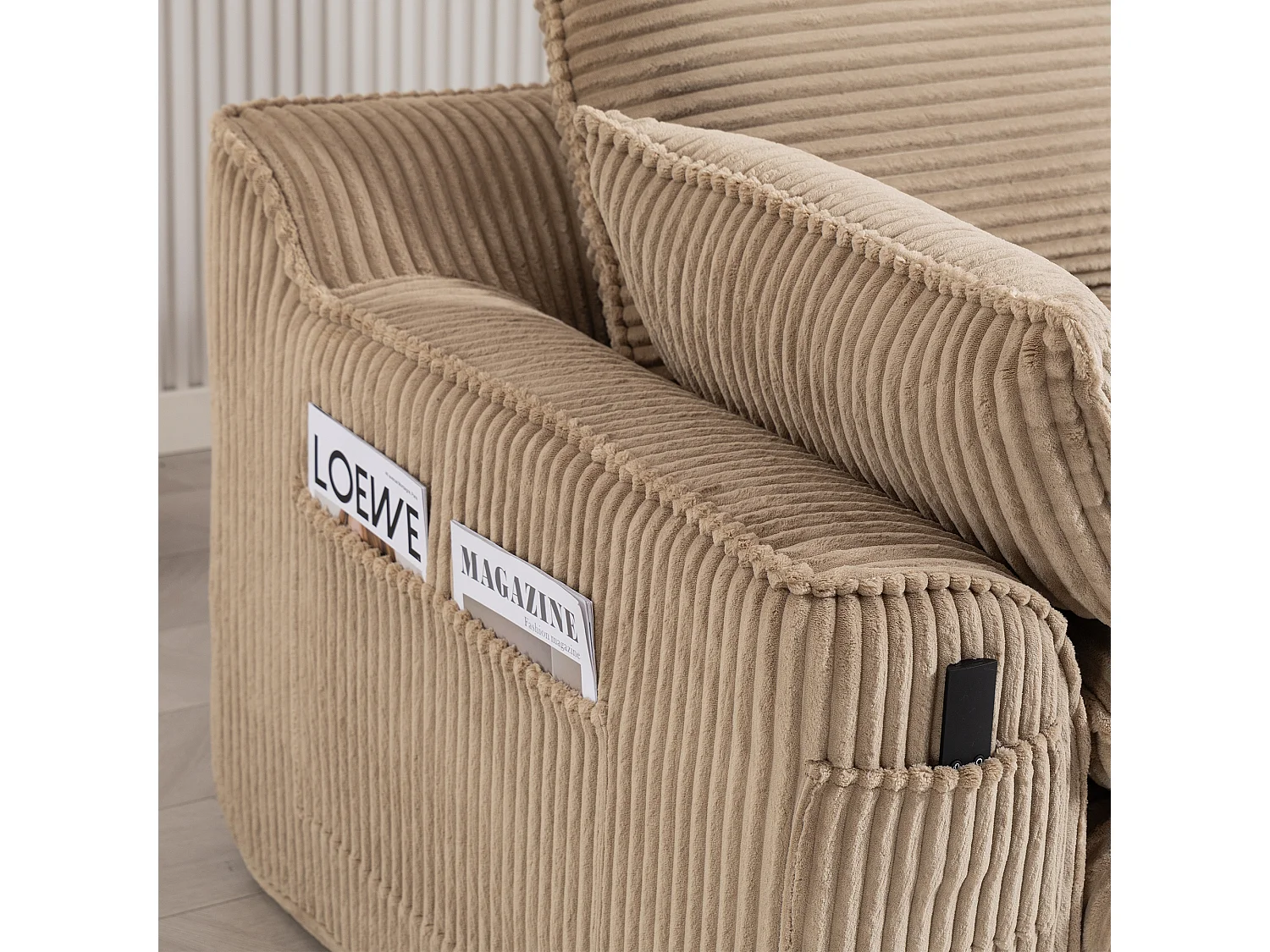 Sofá modular de 2 lugares em veludo cotelê - 191 x 94 x 85 cm - com 1 pufe + almofadas + 2 bolsos - cáqui