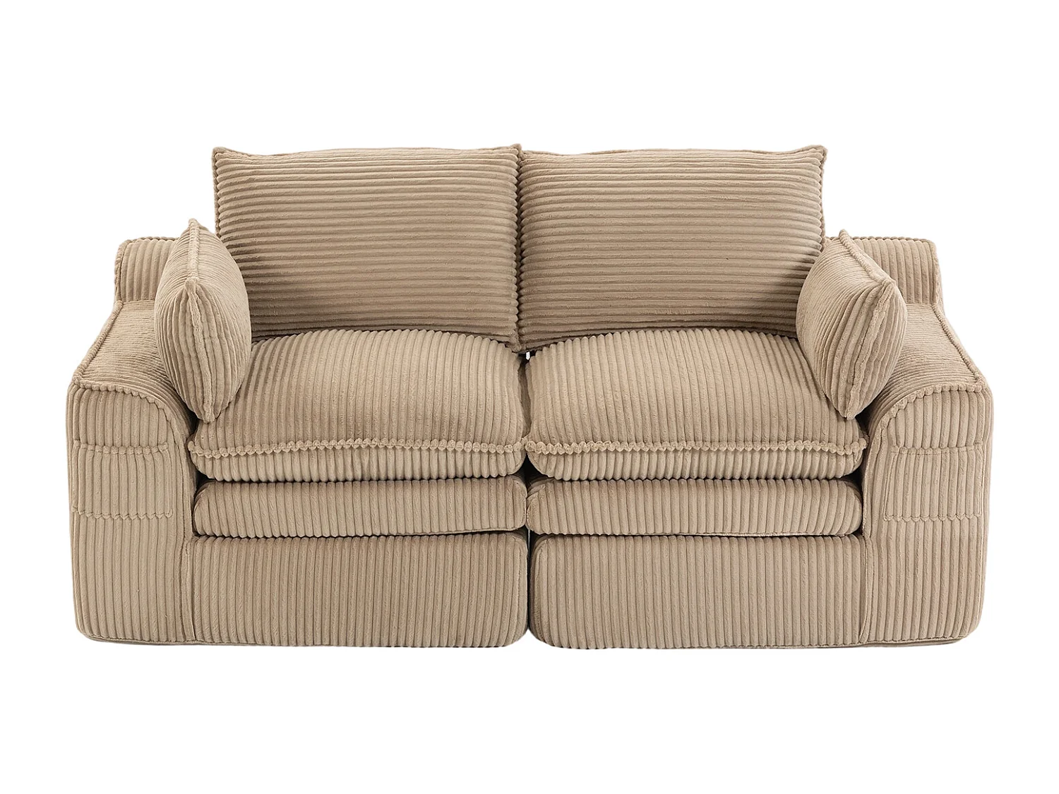 Sofá modular de 2 lugares em veludo cotelê - 191 x 94 x 85 cm - com 1 pufe + almofadas + 2 bolsos - cáqui