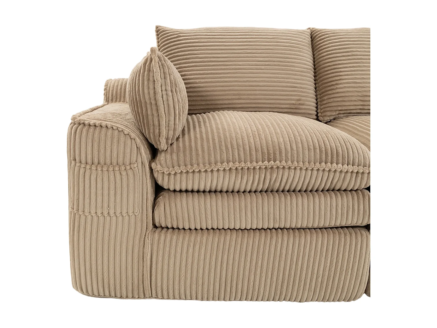 Sofá modular de 2 lugares em veludo cotelê - 191 x 94 x 85 cm - com 1 pufe + almofadas + 2 bolsos - cáqui