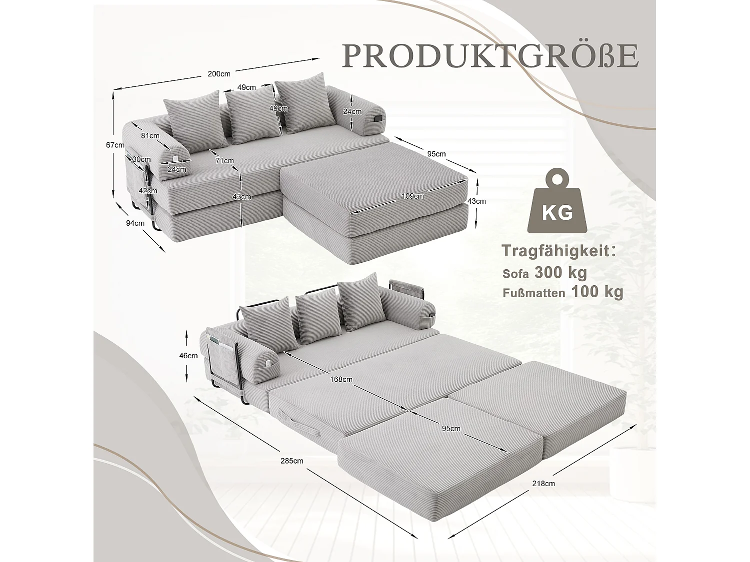 Modulares 3-Sitzer-Sofa – 200 x 190 x 67 cm – mit 3 Kissen + Seitentasche – Cord – hellgrau