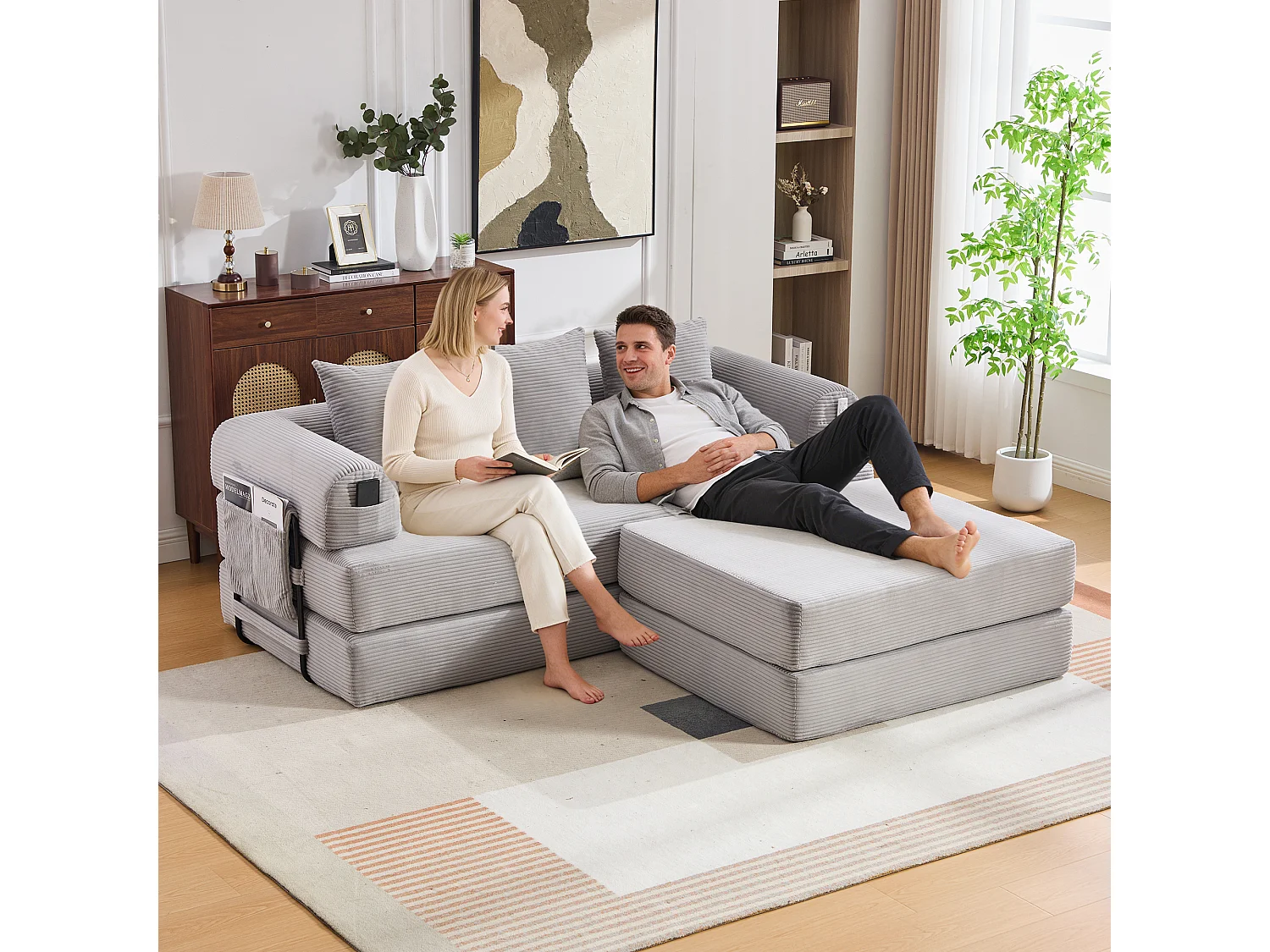Modulares 3-Sitzer-Sofa – 200 x 190 x 67 cm – mit 3 Kissen + Seitentasche – Cord – hellgrau