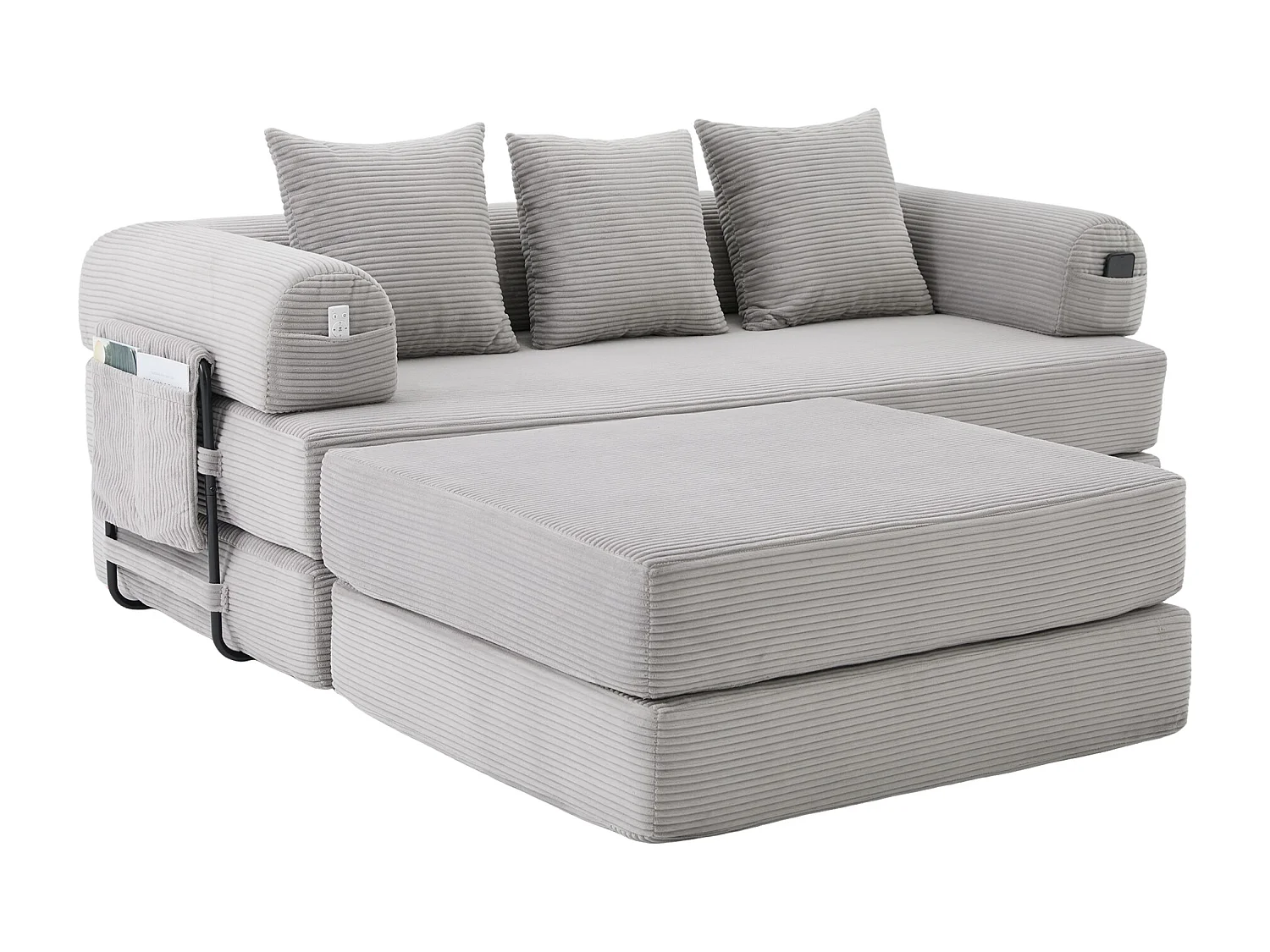 Modulares 3-Sitzer-Sofa – 200 x 190 x 67 cm – mit 3 Kissen + Seitentasche – Cord – hellgrau