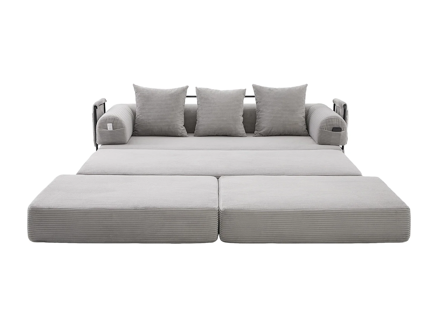 Modulares 3-Sitzer-Sofa – 200 x 190 x 67 cm – mit 3 Kissen + Seitentasche – Cord – hellgrau