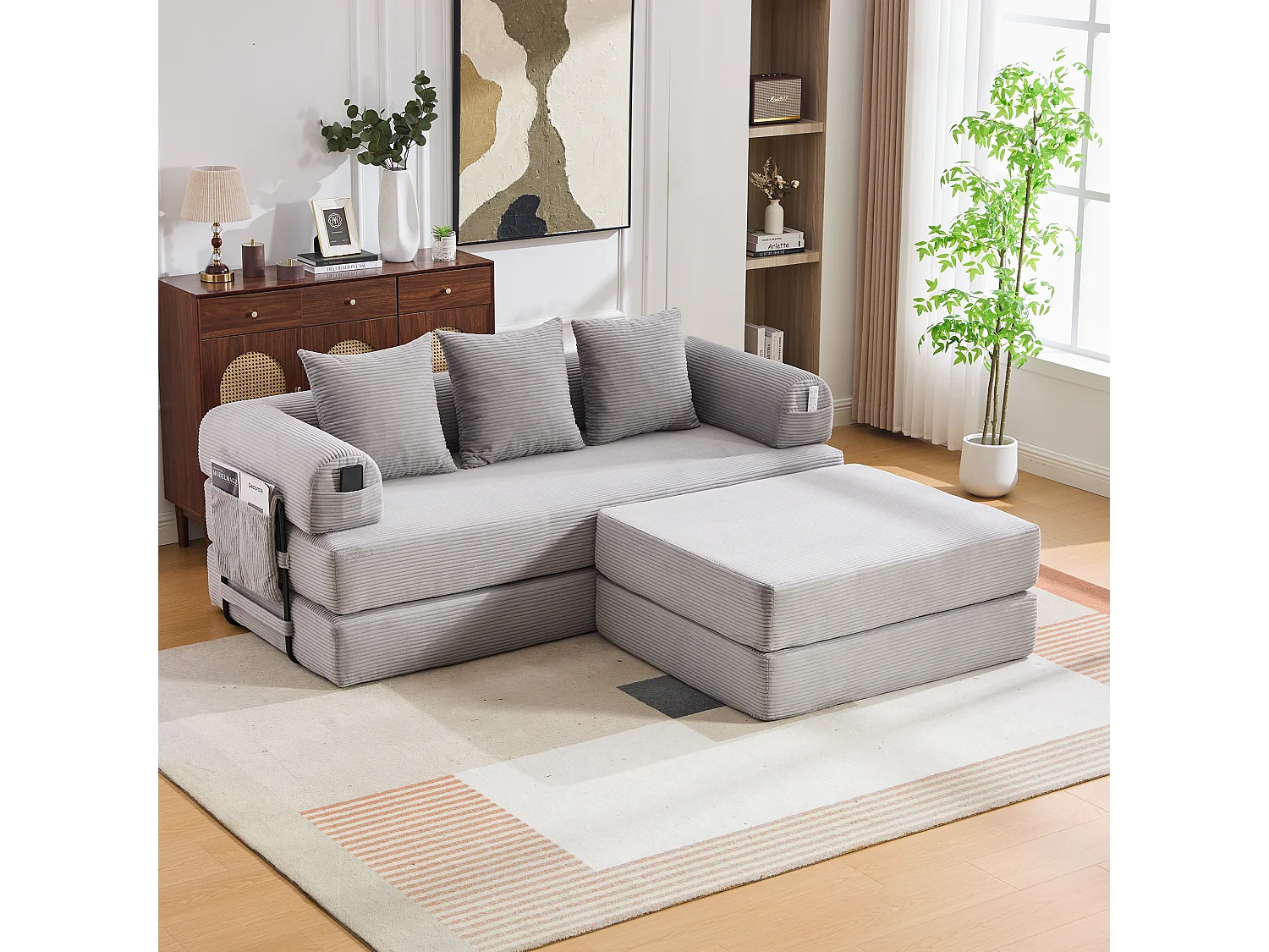 Modulares 3-Sitzer-Sofa – 200 x 190 x 67 cm – mit 3 Kissen + Seitentasche – Cord – hellgrau