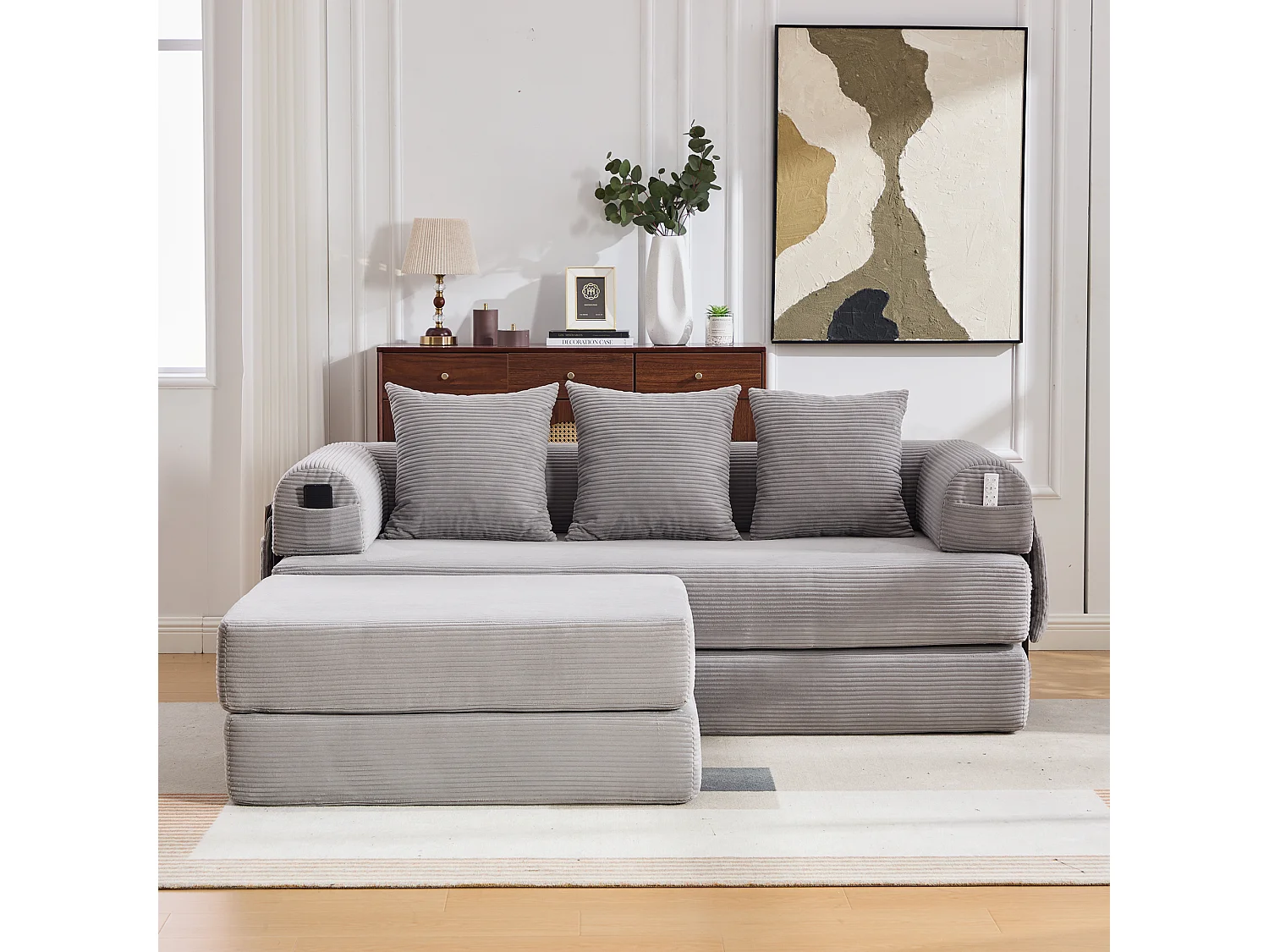 Modulares 3-Sitzer-Sofa – 200 x 190 x 67 cm – mit 3 Kissen + Seitentasche – Cord – hellgrau