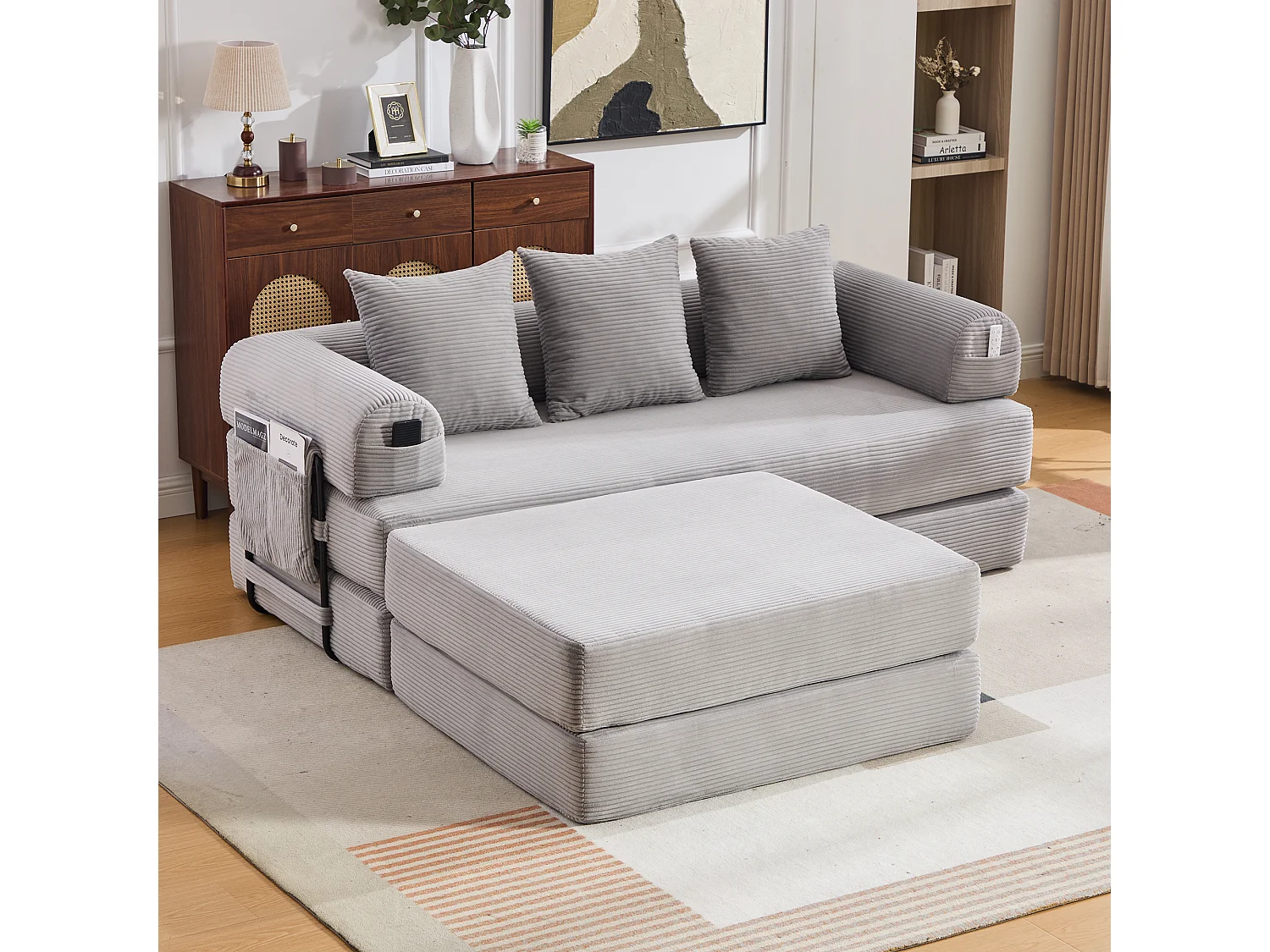 Modulares 3-Sitzer-Sofa – 200 x 190 x 67 cm – mit 3 Kissen + Seitentasche – Cord – hellgrau