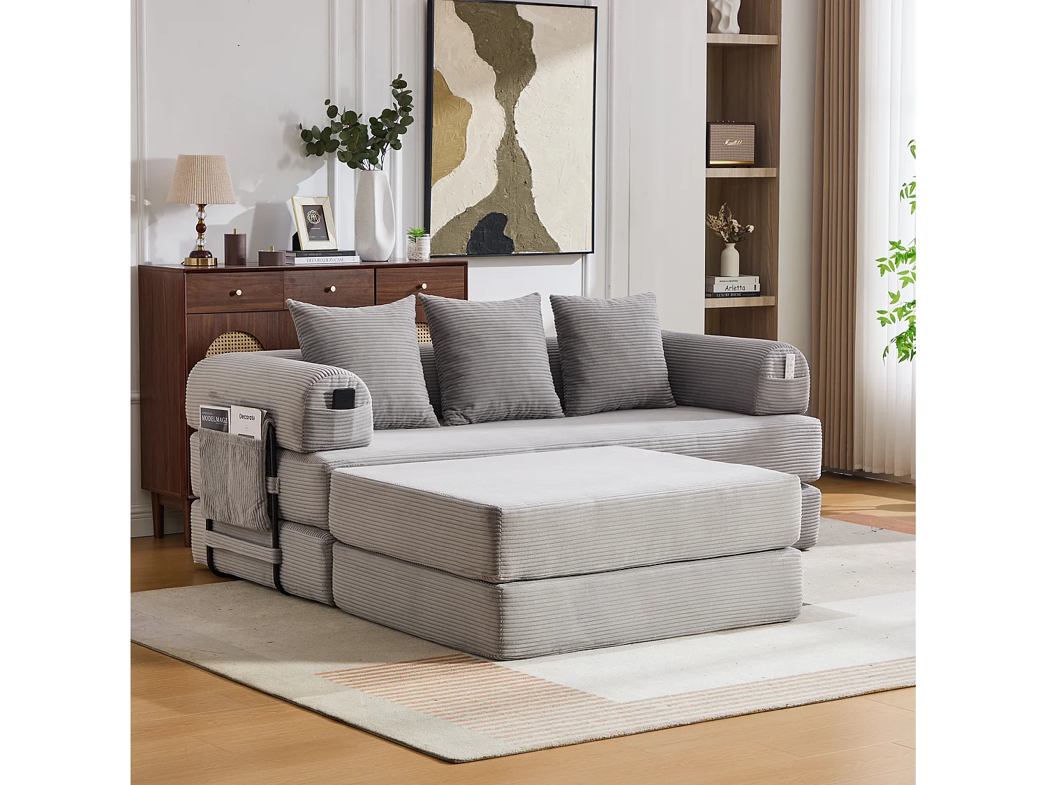 Modulares 3-Sitzer-Sofa – 200 x 190 x 67 cm – mit 3 Kissen + Seitentasche – Cord – hellgrau