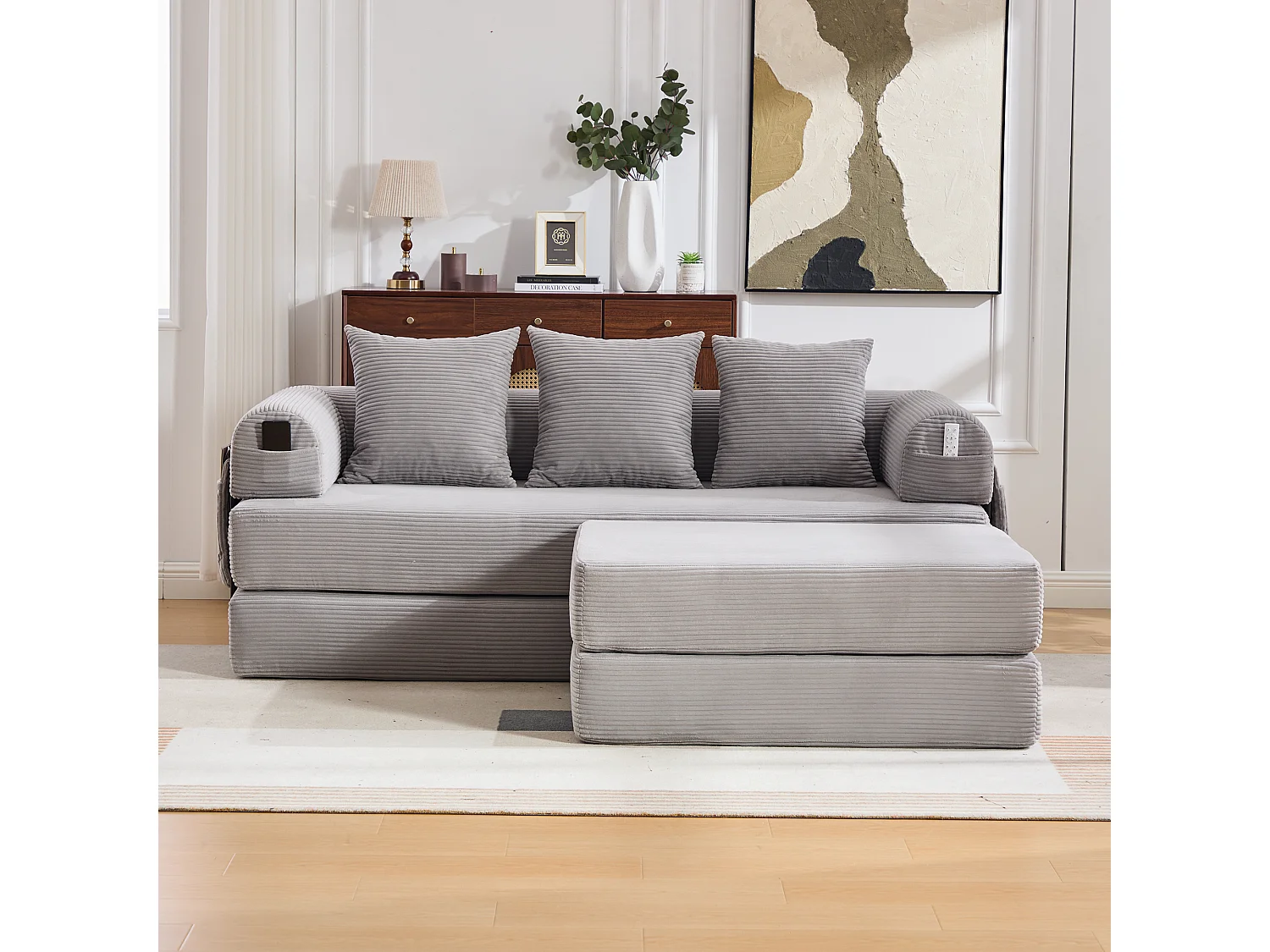 Modulares 3-Sitzer-Sofa – 200 x 190 x 67 cm – mit 3 Kissen + Seitentasche – Cord – hellgrau