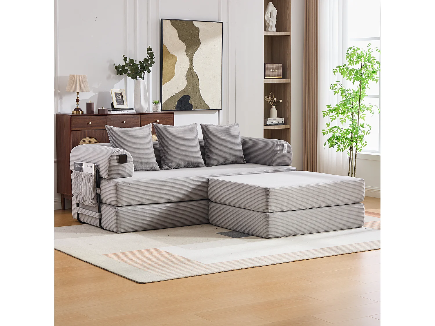 Modulares 3-Sitzer-Sofa – 200 x 190 x 67 cm – mit 3 Kissen + Seitentasche – Cord – hellgrau
