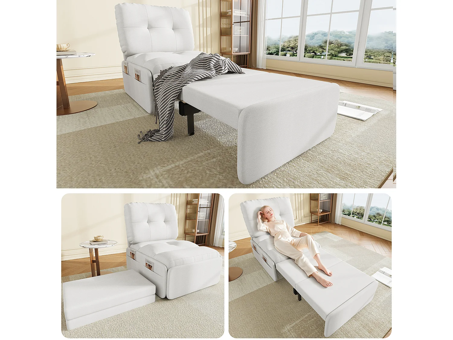 Canapé convertible moderne 2 en 1 - 195 x 81.5 x 90 cm - canapé-lit gigogne avec coussin - lin - blanc