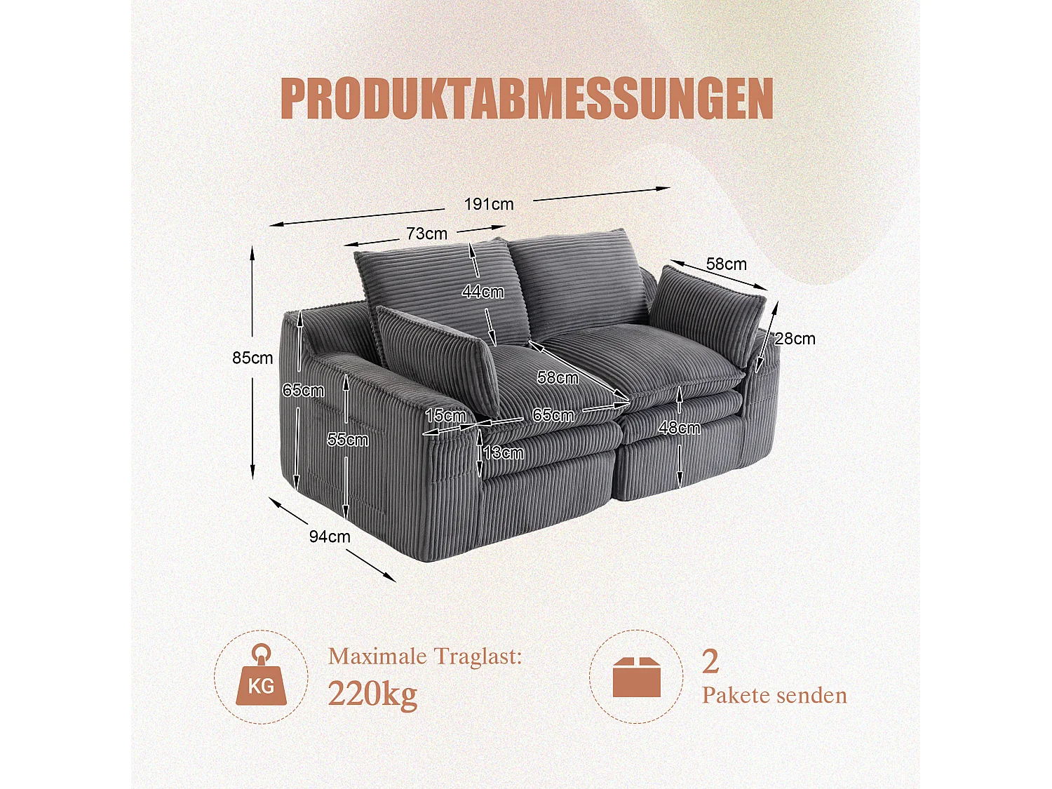 Modulaire 2-zitsbank van corduroy - 191 x 94 x 85 cm - met 1 poef + kussens + 2 opbergvakken - donkergrijs