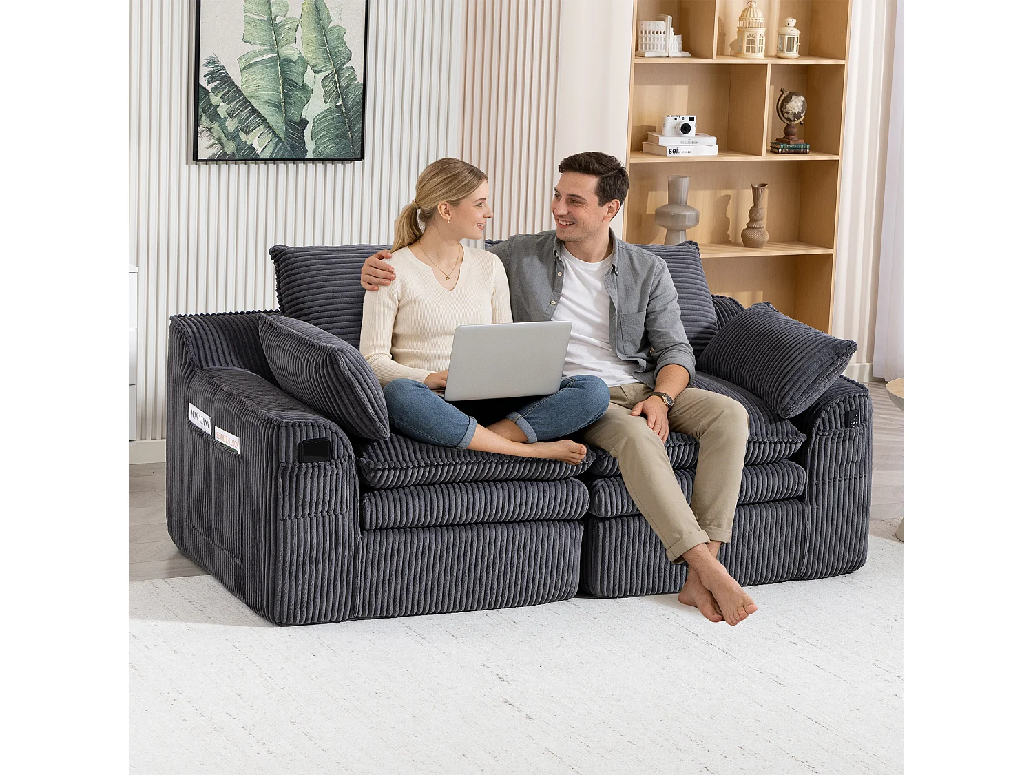 Modulaire 2-zitsbank van corduroy - 191 x 94 x 85 cm - met 1 poef + kussens + 2 opbergvakken - donkergrijs