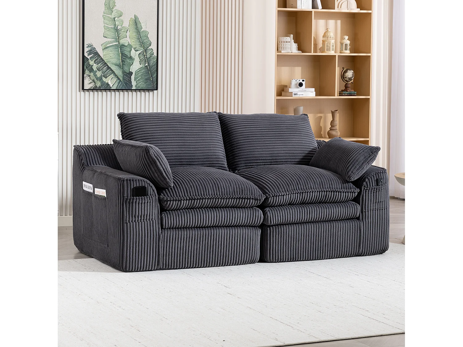 Modulaire 2-zitsbank van corduroy - 191 x 94 x 85 cm - met 1 poef + kussens + 2 opbergvakken - donkergrijs