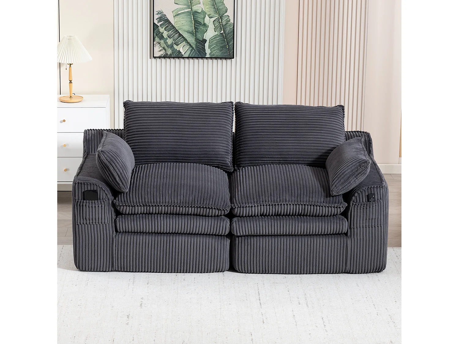 Modulaire 2-zitsbank van corduroy - 191 x 94 x 85 cm - met 1 poef + kussens + 2 opbergvakken - donkergrijs