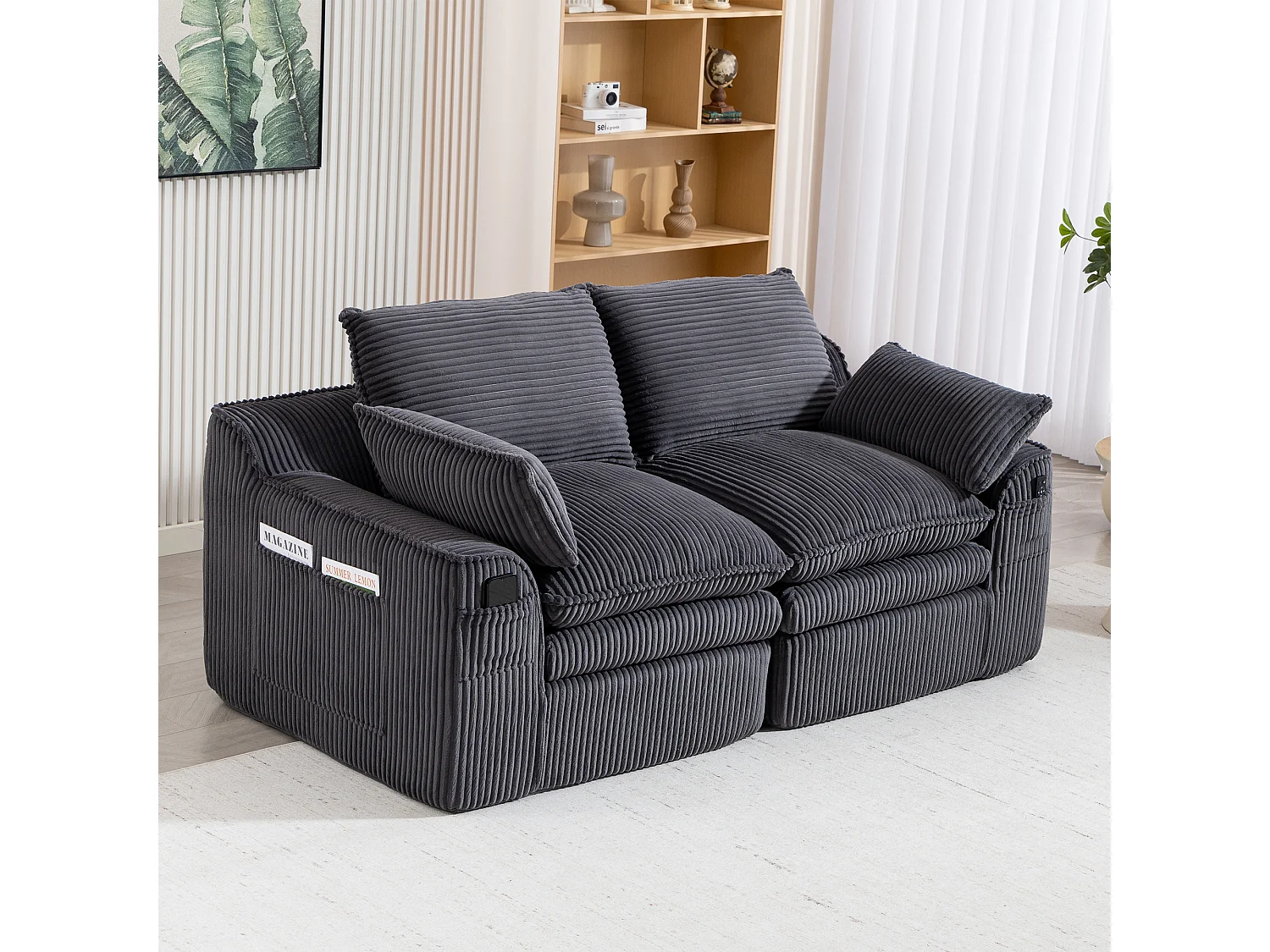 Modulaire 2-zitsbank van corduroy - 191 x 94 x 85 cm - met 1 poef + kussens + 2 opbergvakken - donkergrijs