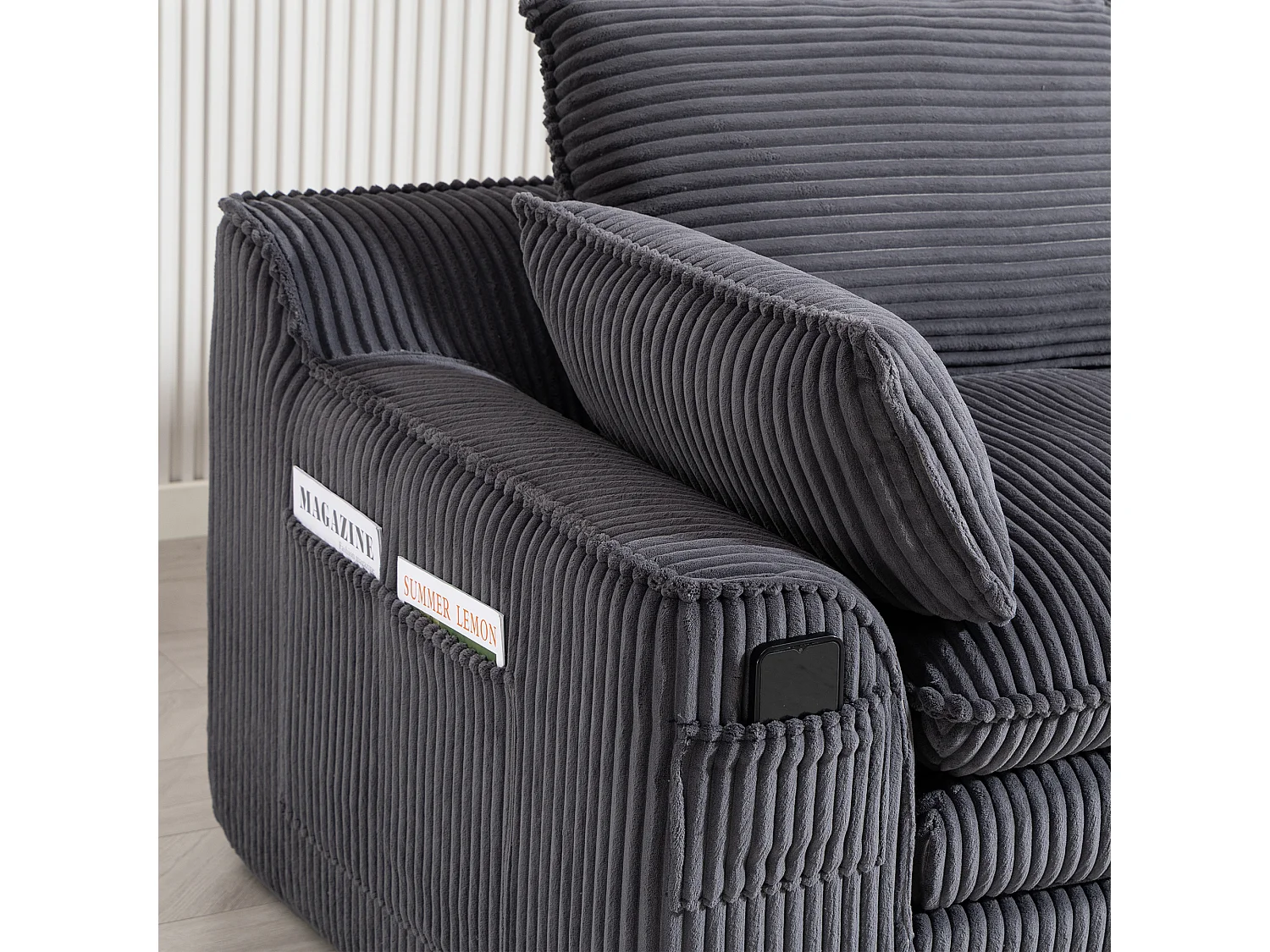 Modulaire 2-zitsbank van corduroy - 191 x 94 x 85 cm - met 1 poef + kussens + 2 opbergvakken - donkergrijs